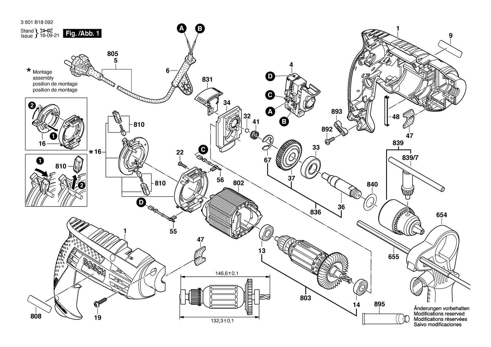 Bosch GSB 1600 RE parts diagram, sheet 1