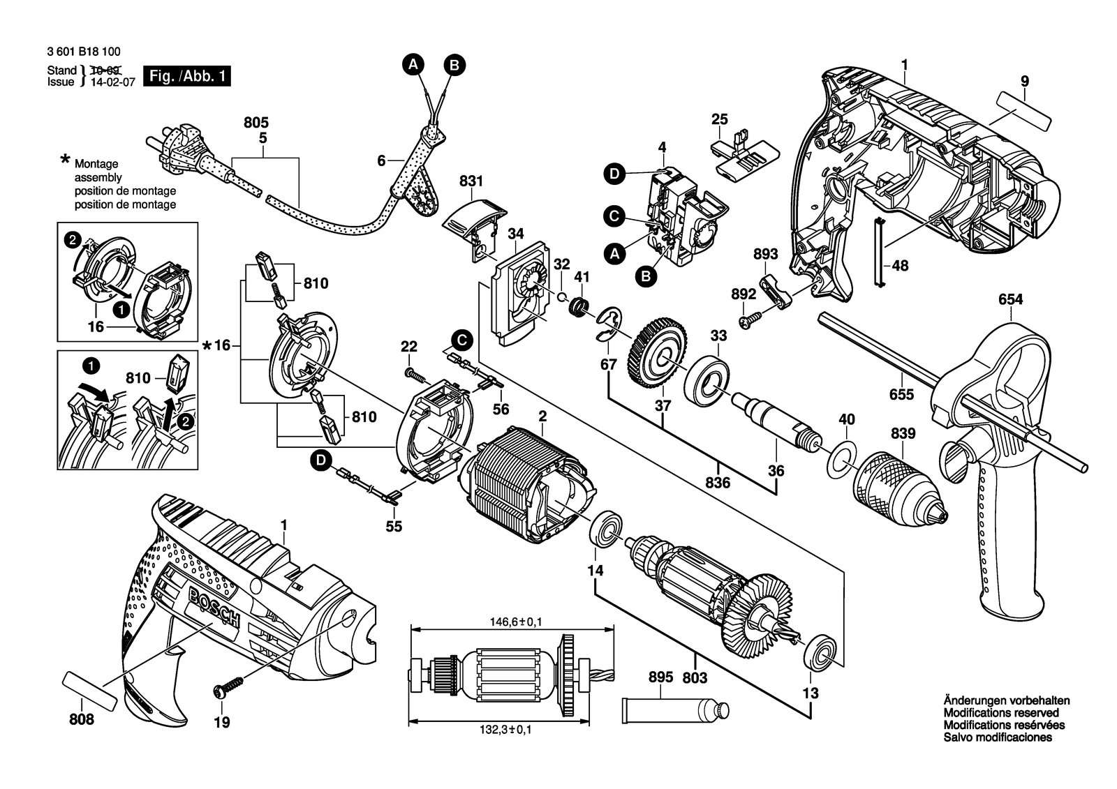 Bosch GSB 1600 RE parts diagram, sheet 1