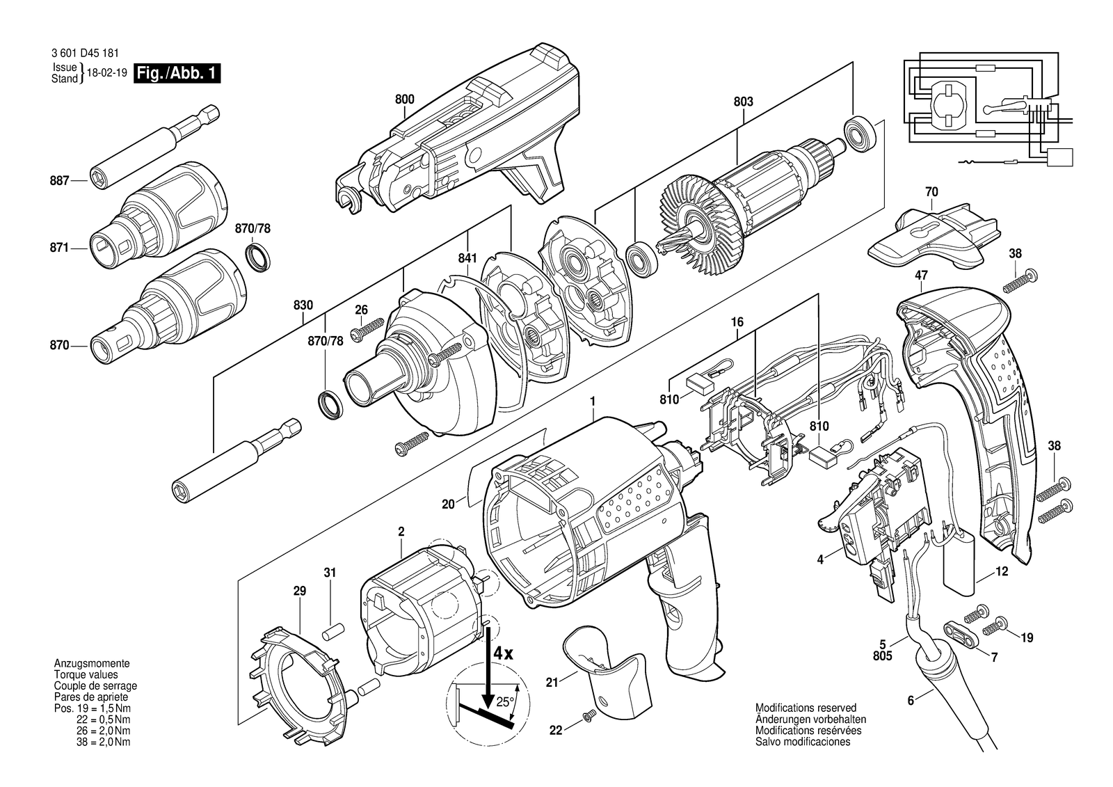 Bosch GSR 6-45 TE parts diagram, sheet 1