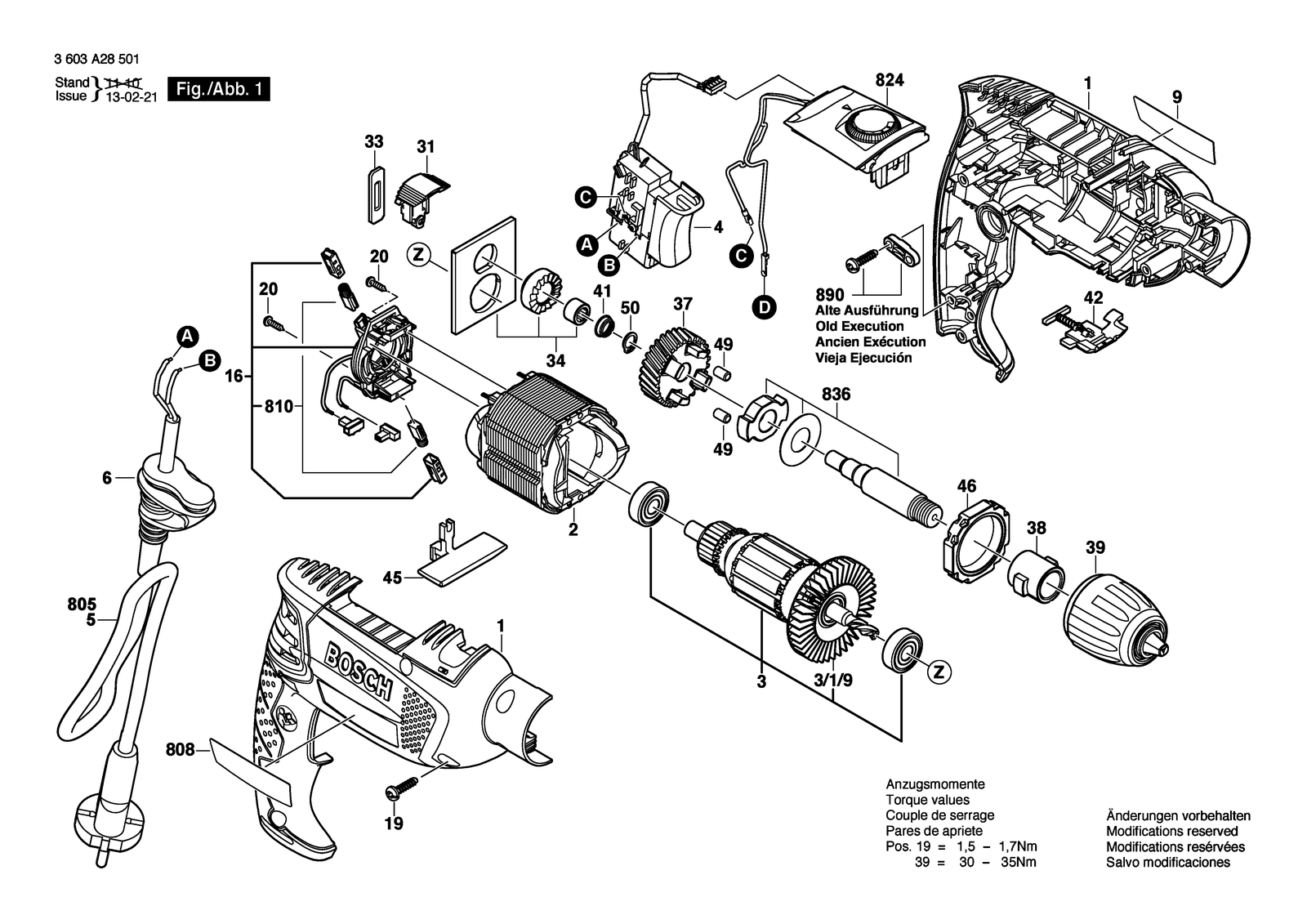 Bosch PSB 750 RCA parts diagram, sheet 1
