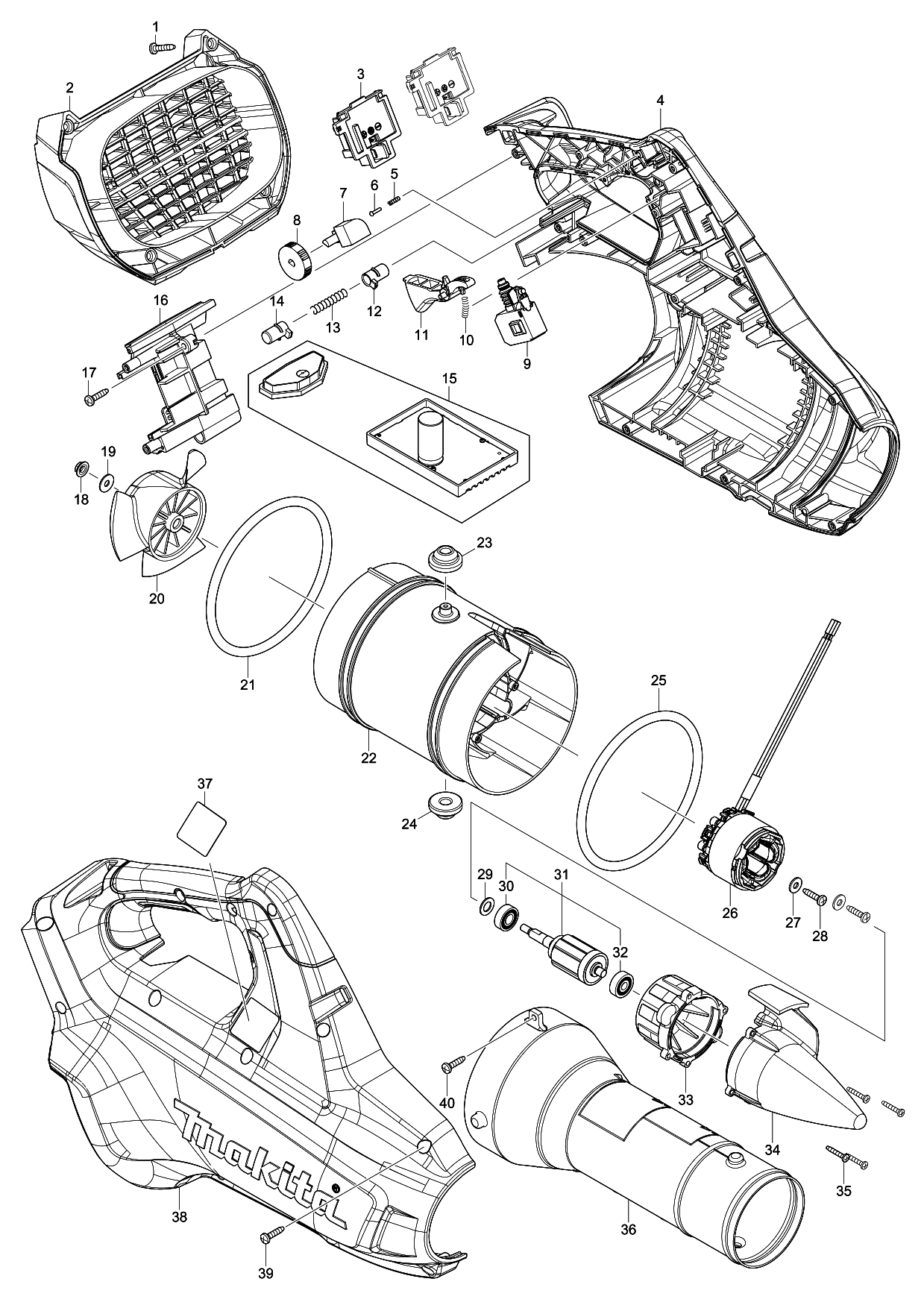 Makita DUB362 parts diagram, sheet 1