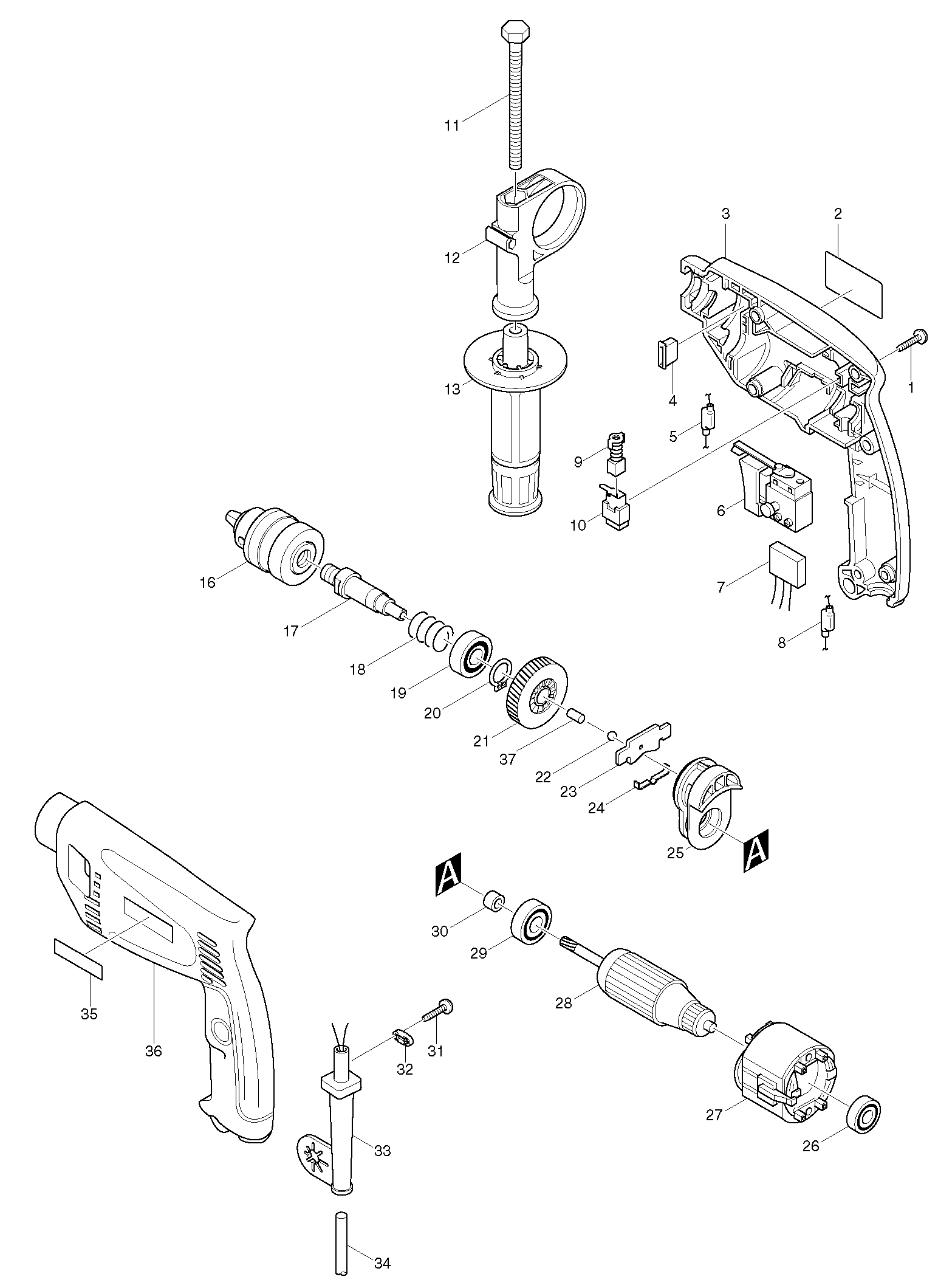 Makita HP1500 parts diagram, sheet 1