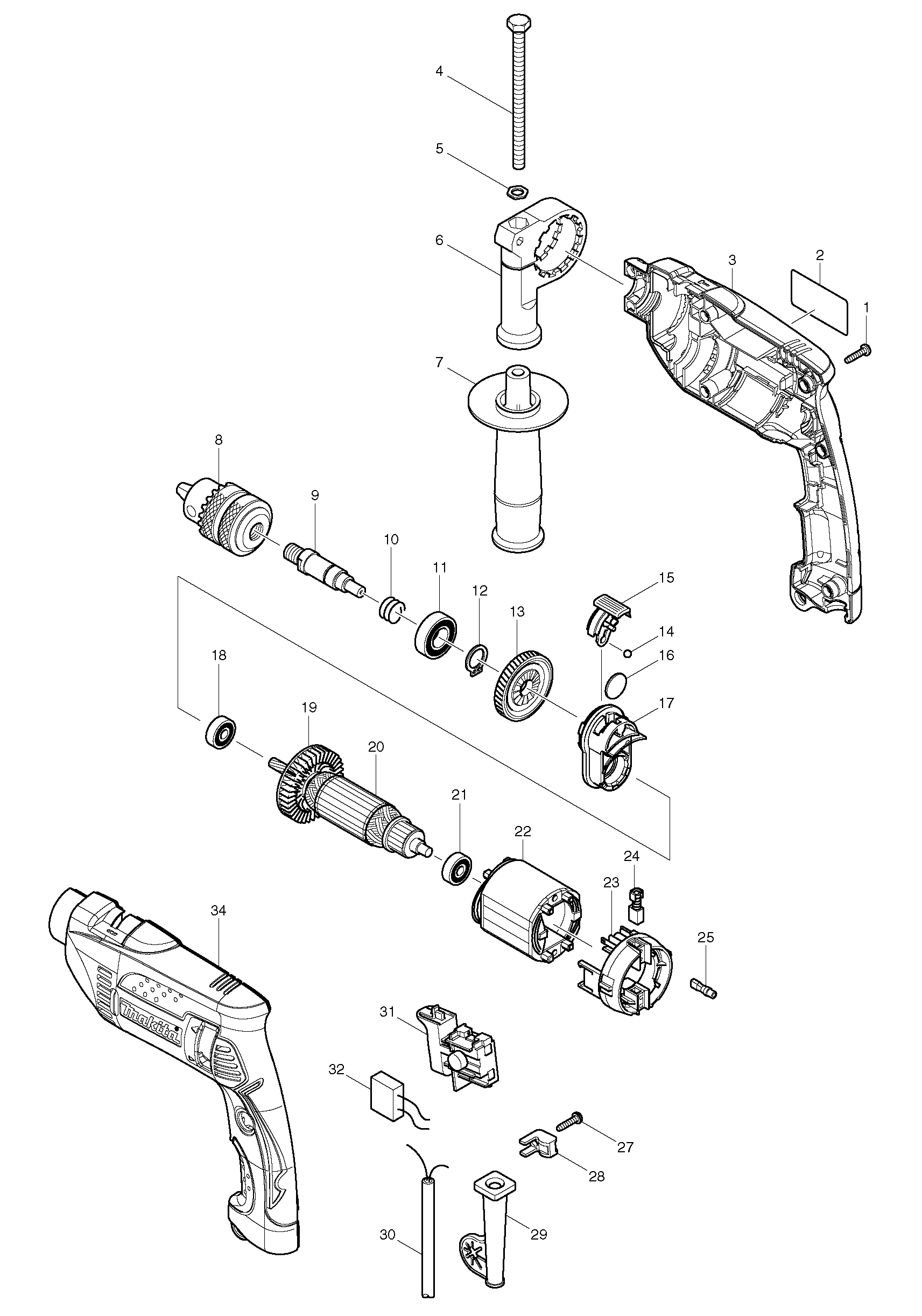 Makita HP1640 parts diagram, sheet 1