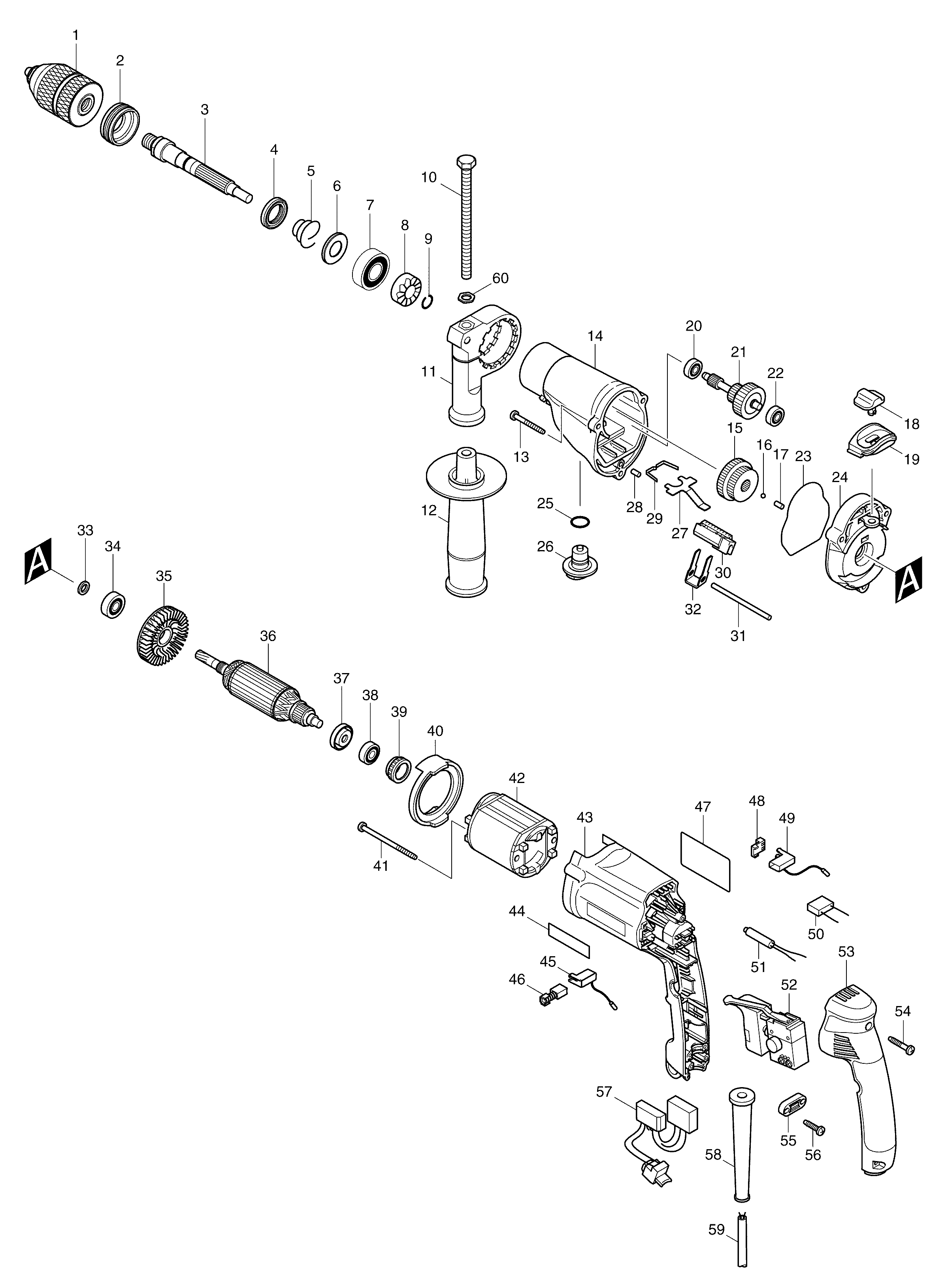 Makita HP2051F parts diagram, sheet 1