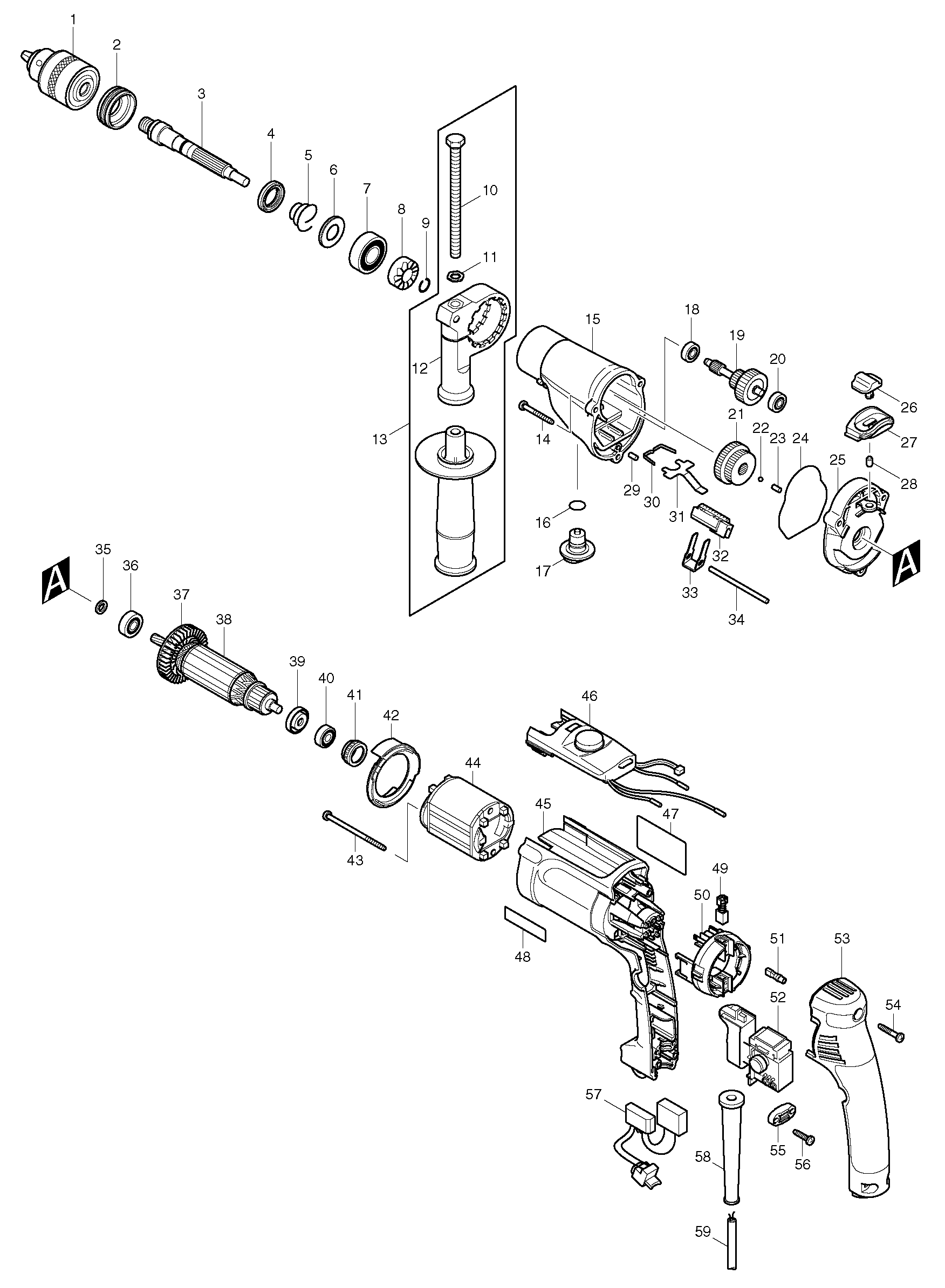 Makita HP2070F parts diagram, sheet 1