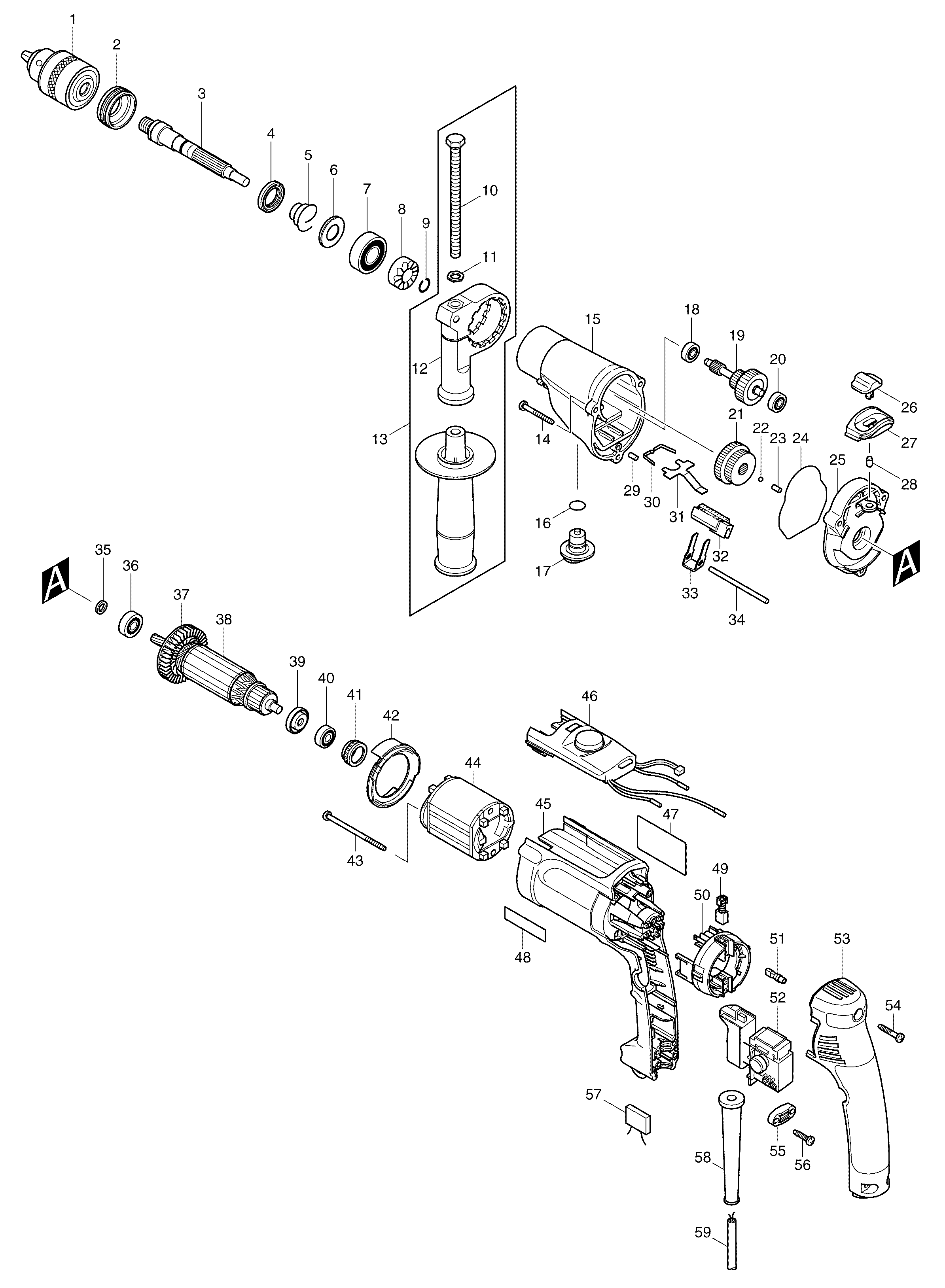Makita HP2070 parts diagram, sheet 1