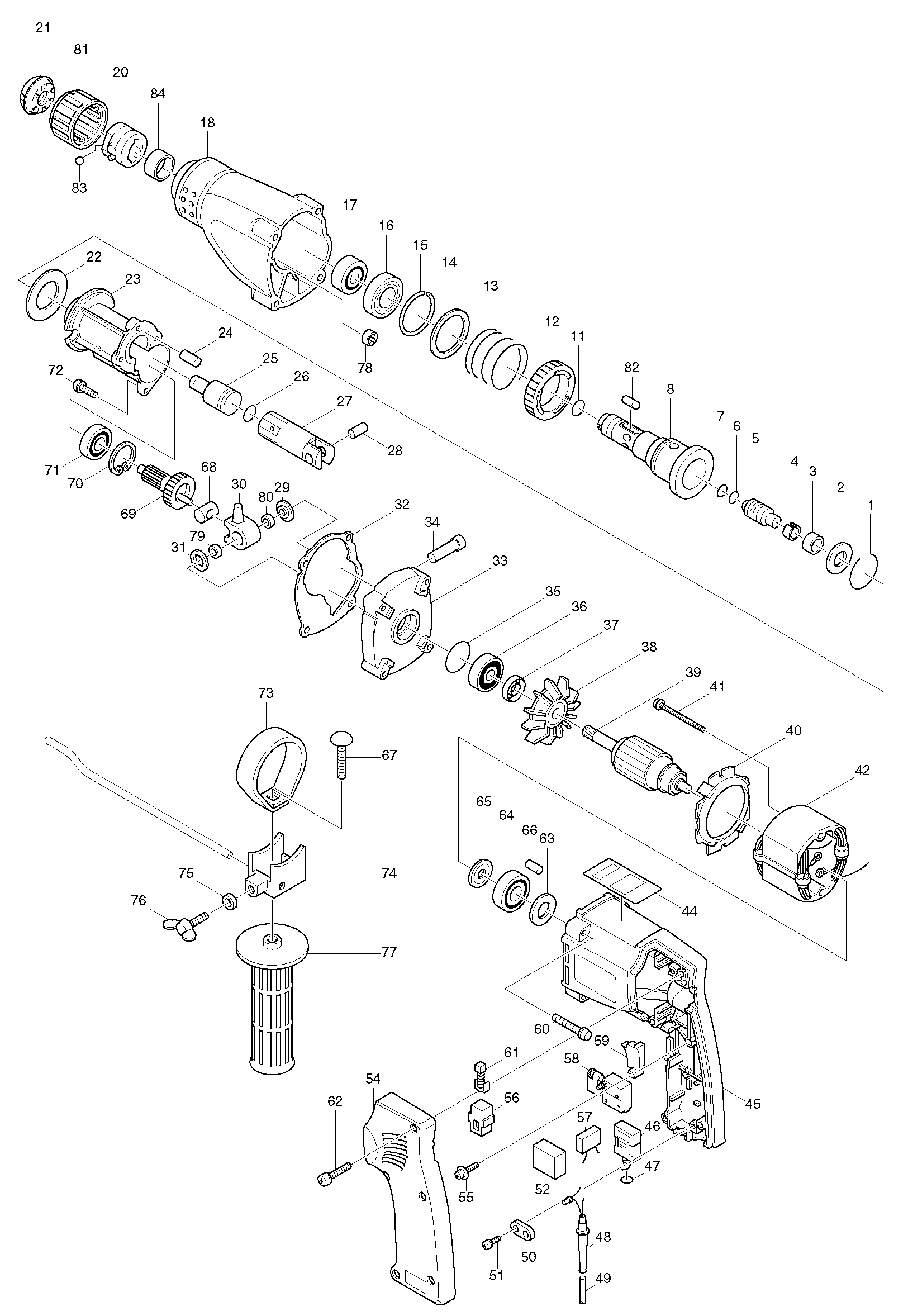 Makita HR2000 parts diagram, sheet 1