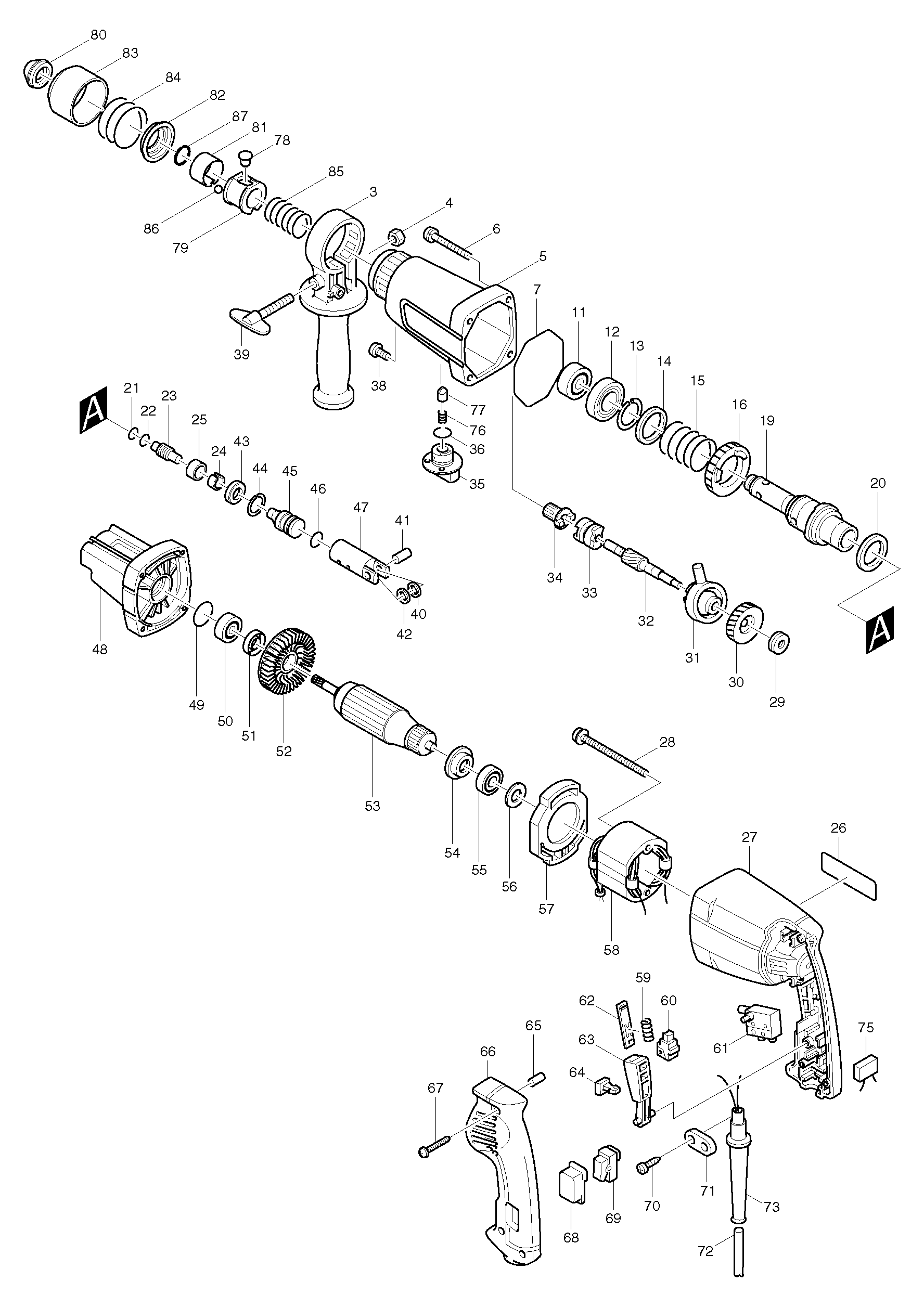 Makita HR2400 parts diagram, sheet 1