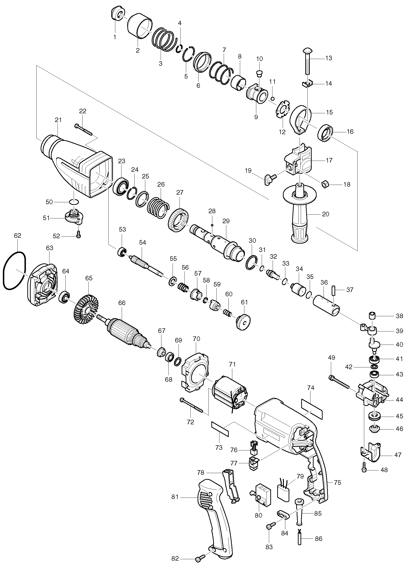 Makita HR2413 parts diagram, sheet 1