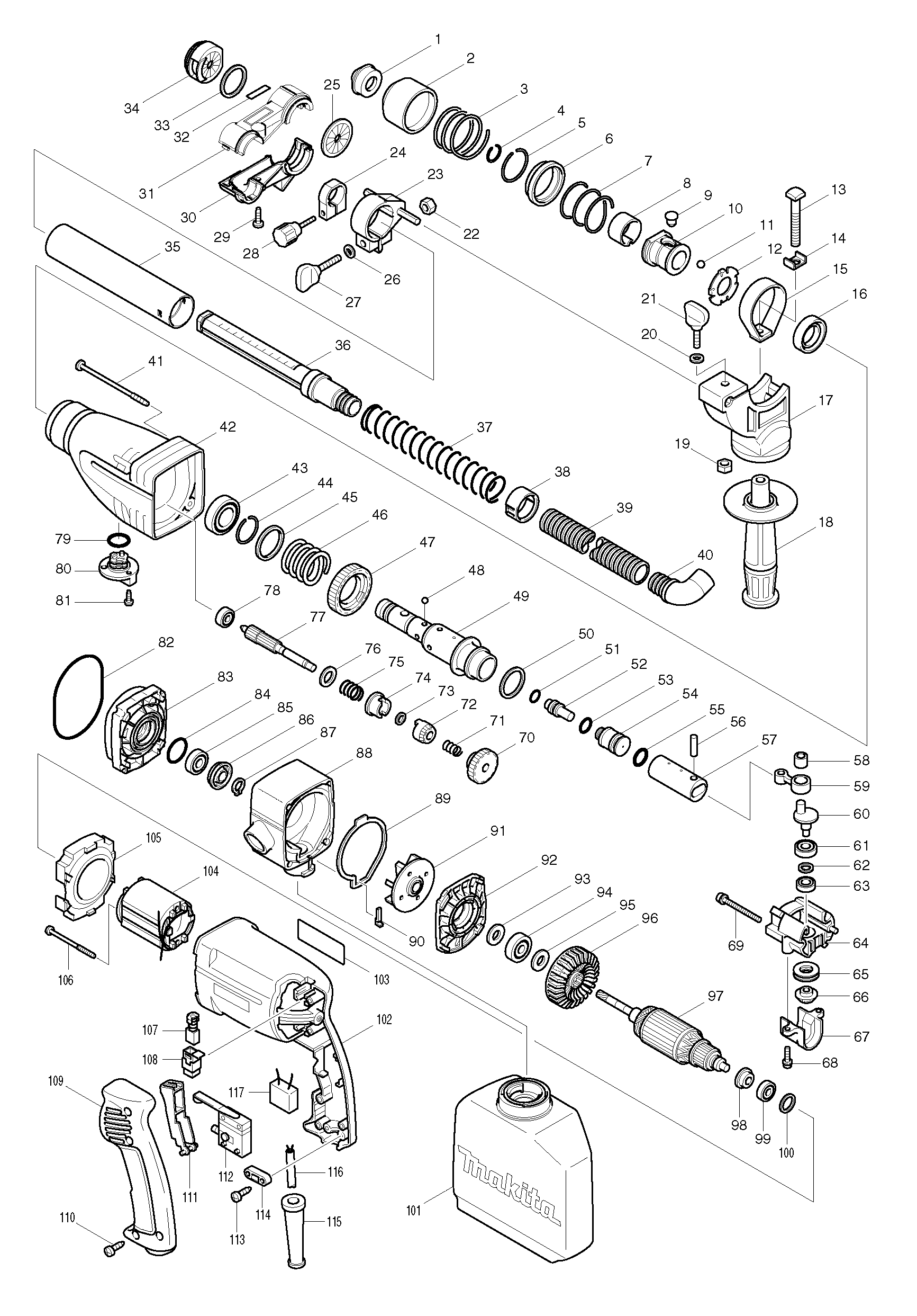 Makita HR2430 parts diagram, sheet 1