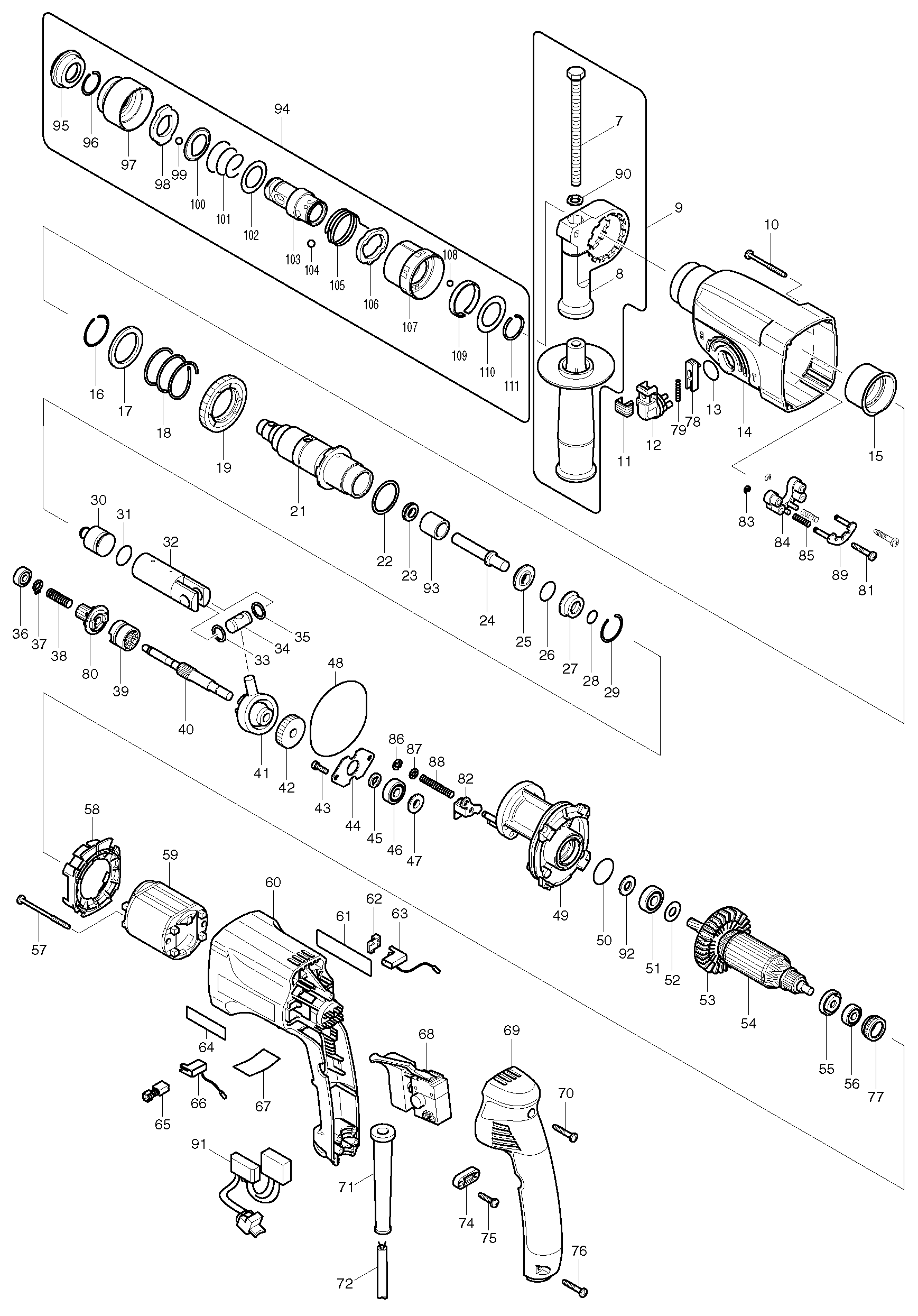Makita HR2450FT parts diagram, sheet 1