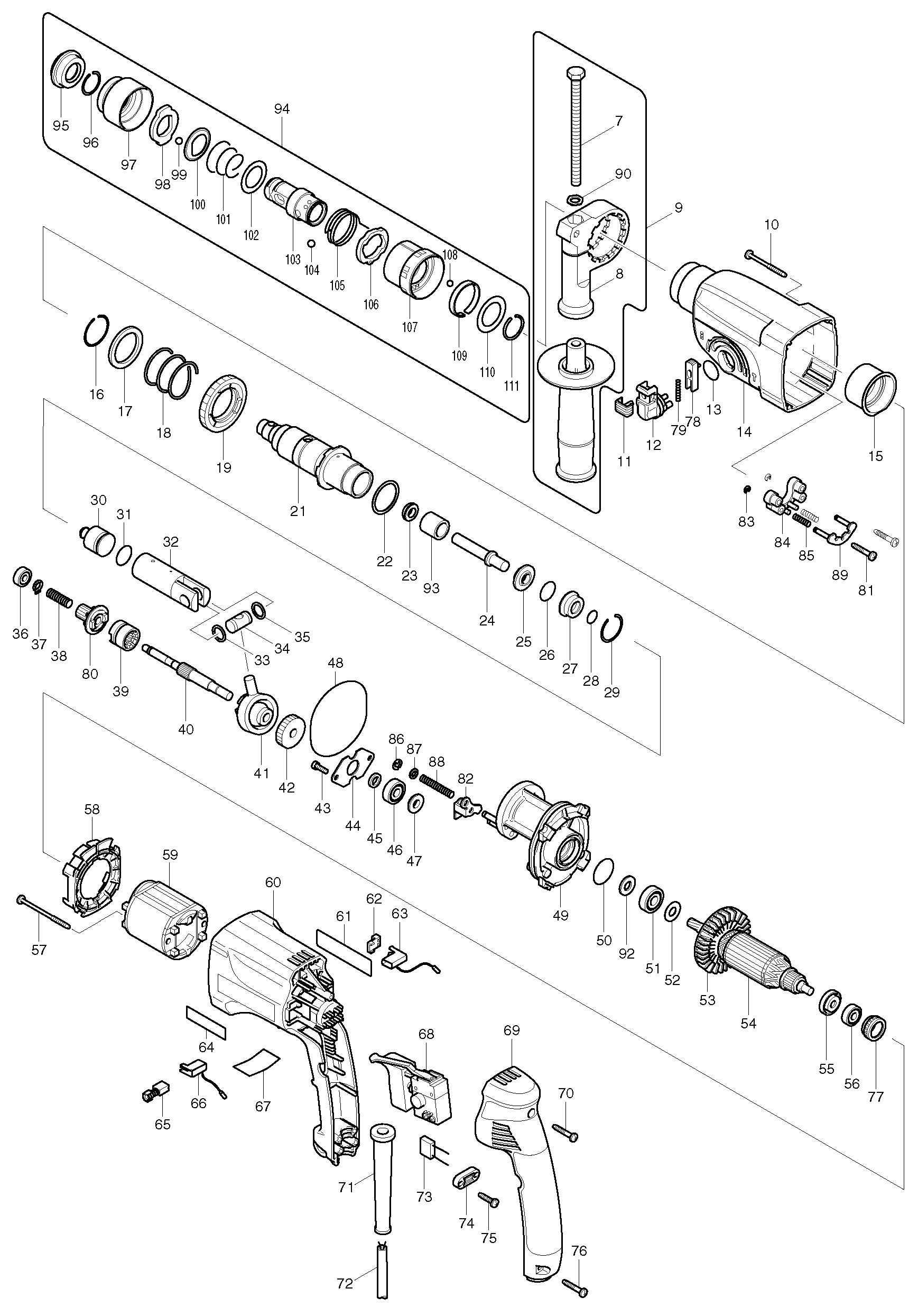 Makita HR2450T parts diagram, sheet 1
