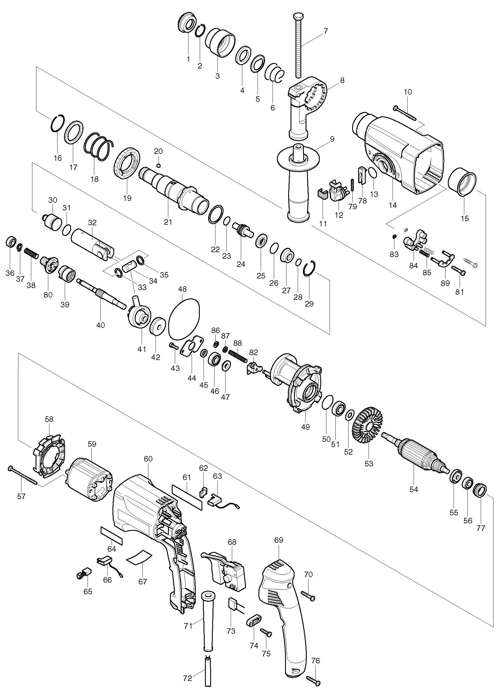 Makita HR2450 parts diagram, sheet 1