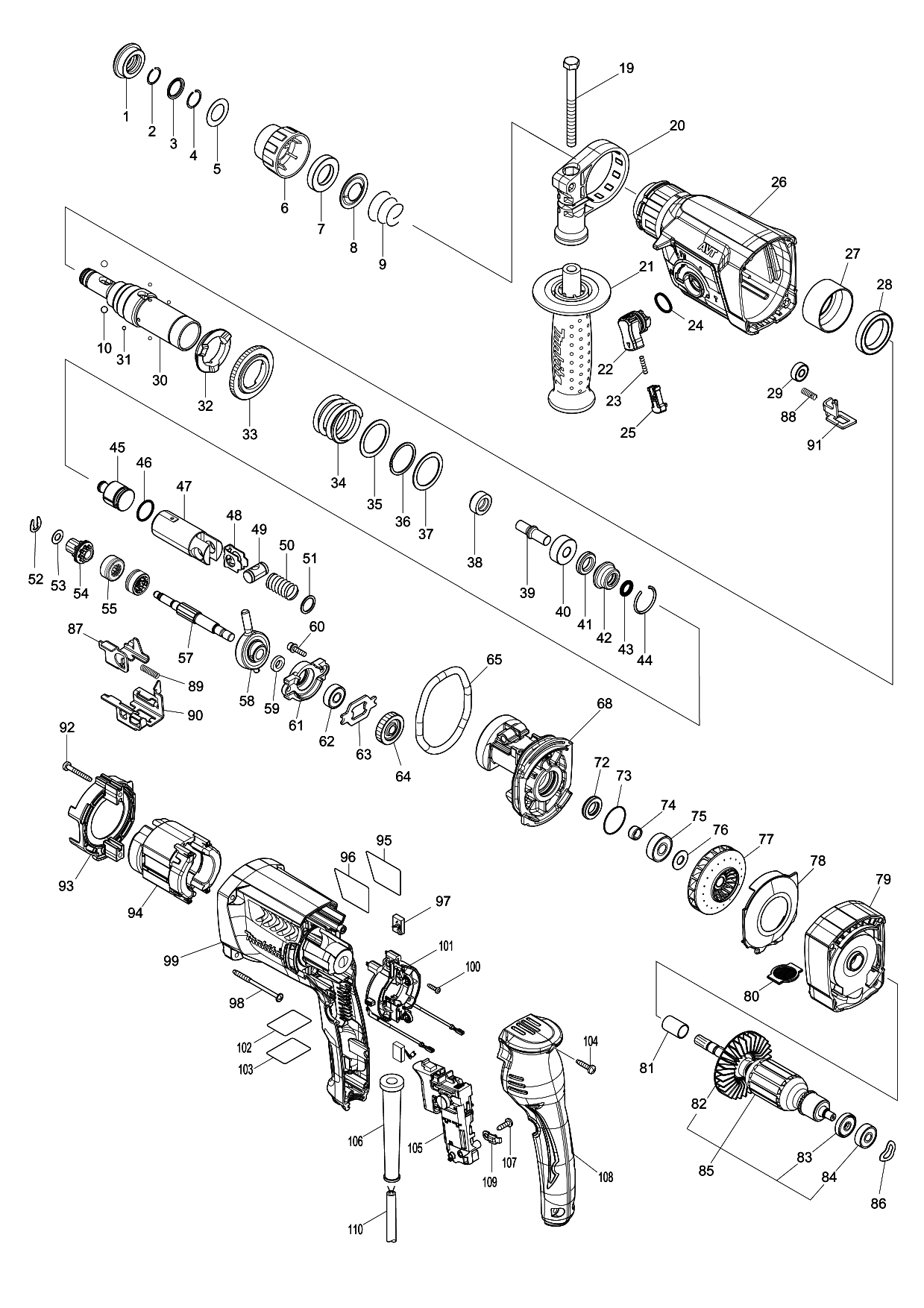 Makita HR2650 parts diagram, sheet 1