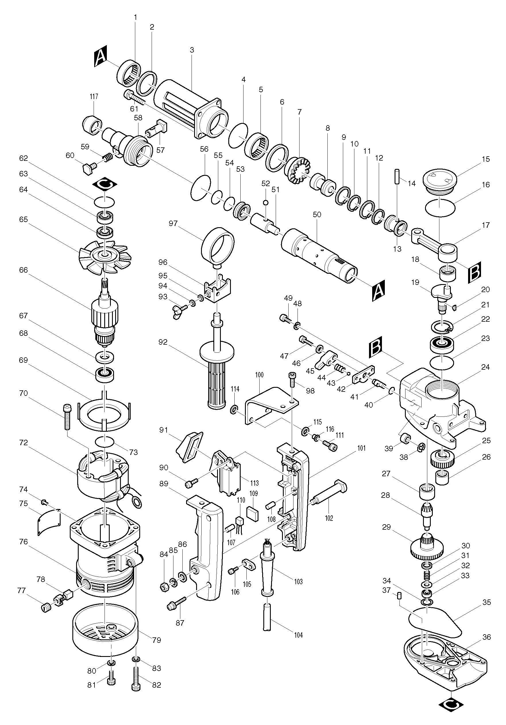 Makita HR3850B parts diagram, sheet 1