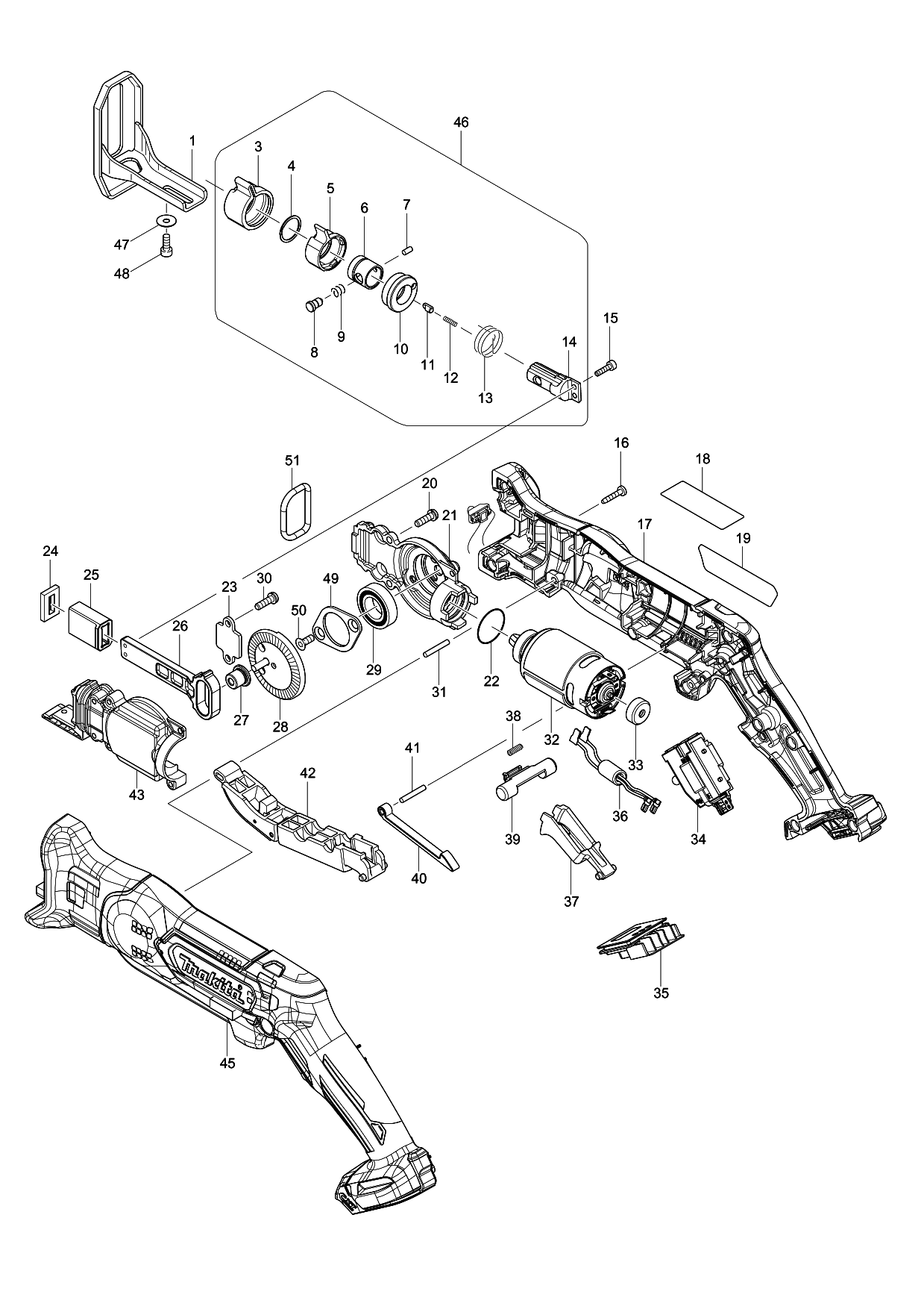 Makita JR103D parts diagram, sheet 1