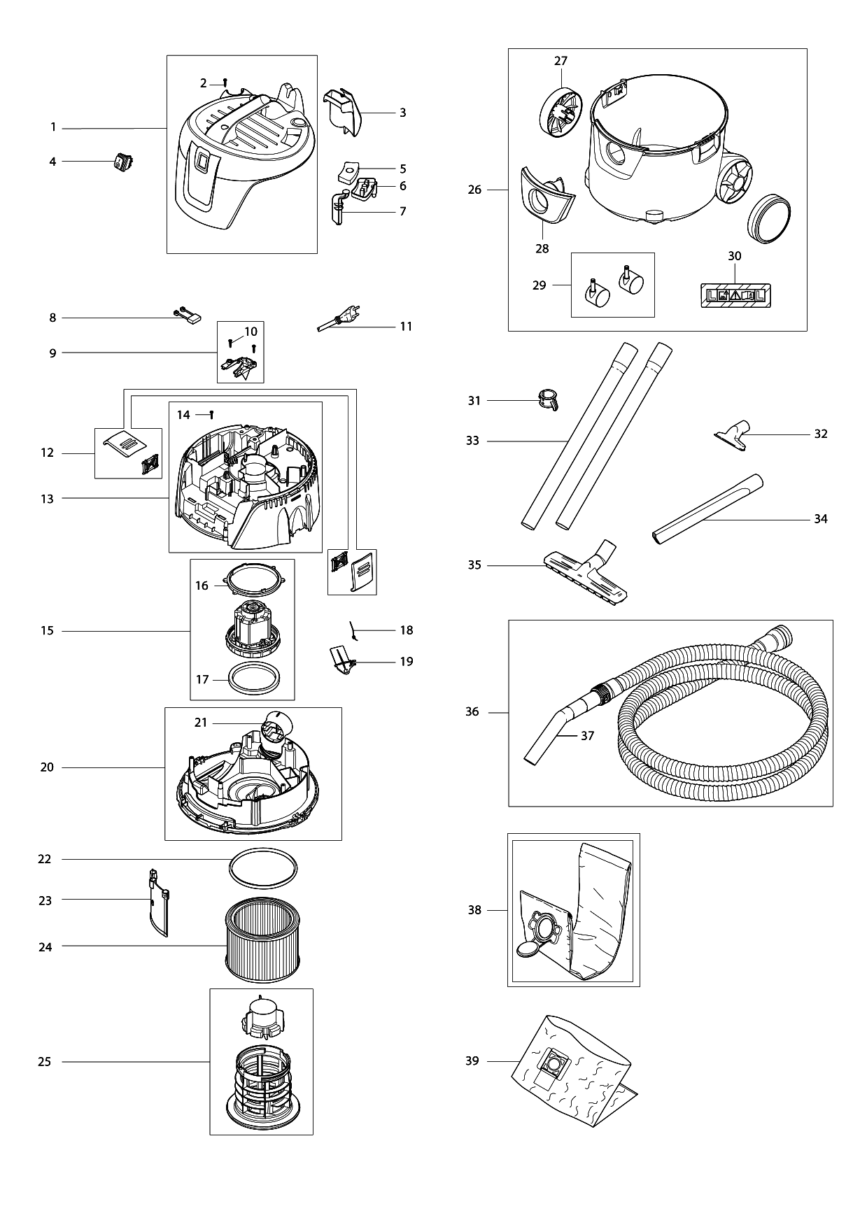 Makita VC2000L parts diagram, sheet 1