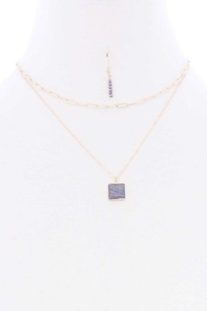 2 Layered Chain Metal Square Marbling Stone Pendant Necklace