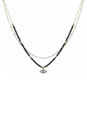 2 Layered Metal Seed Bead Evil Eye Pendant Necklace