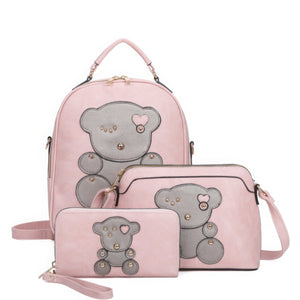 3in1 Cute Bear Design Handle Backpack W Crossbody And Wallet Set