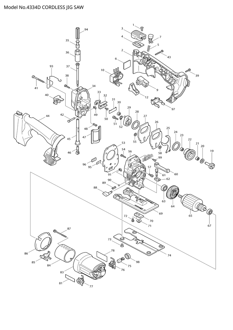 Makita 4334D — сборочный чертёж, лист 1, деталь 631373-6 поз. 010