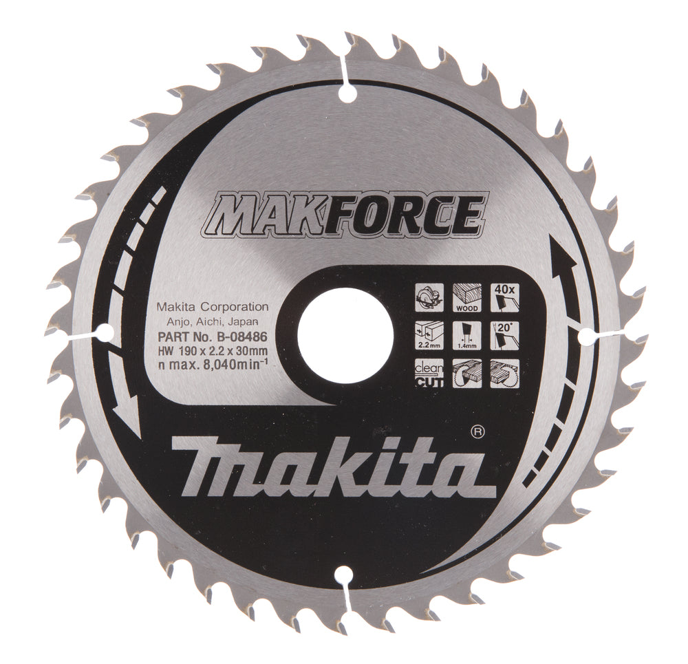 Nieuwe echte Makita B-08486 Cirkelzaagmes 190 mm x 30 mm x 2,2 mm 40t