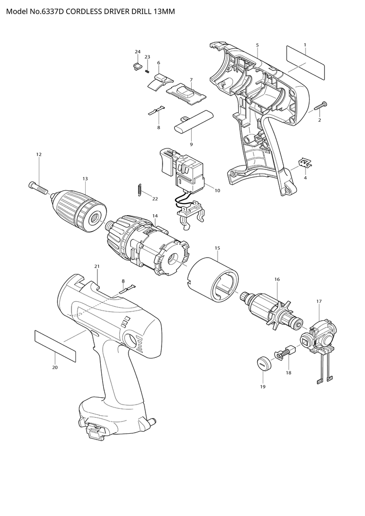 Makita 6337D — сборочный чертёж, лист 1, деталь 619080-1 поз. 016