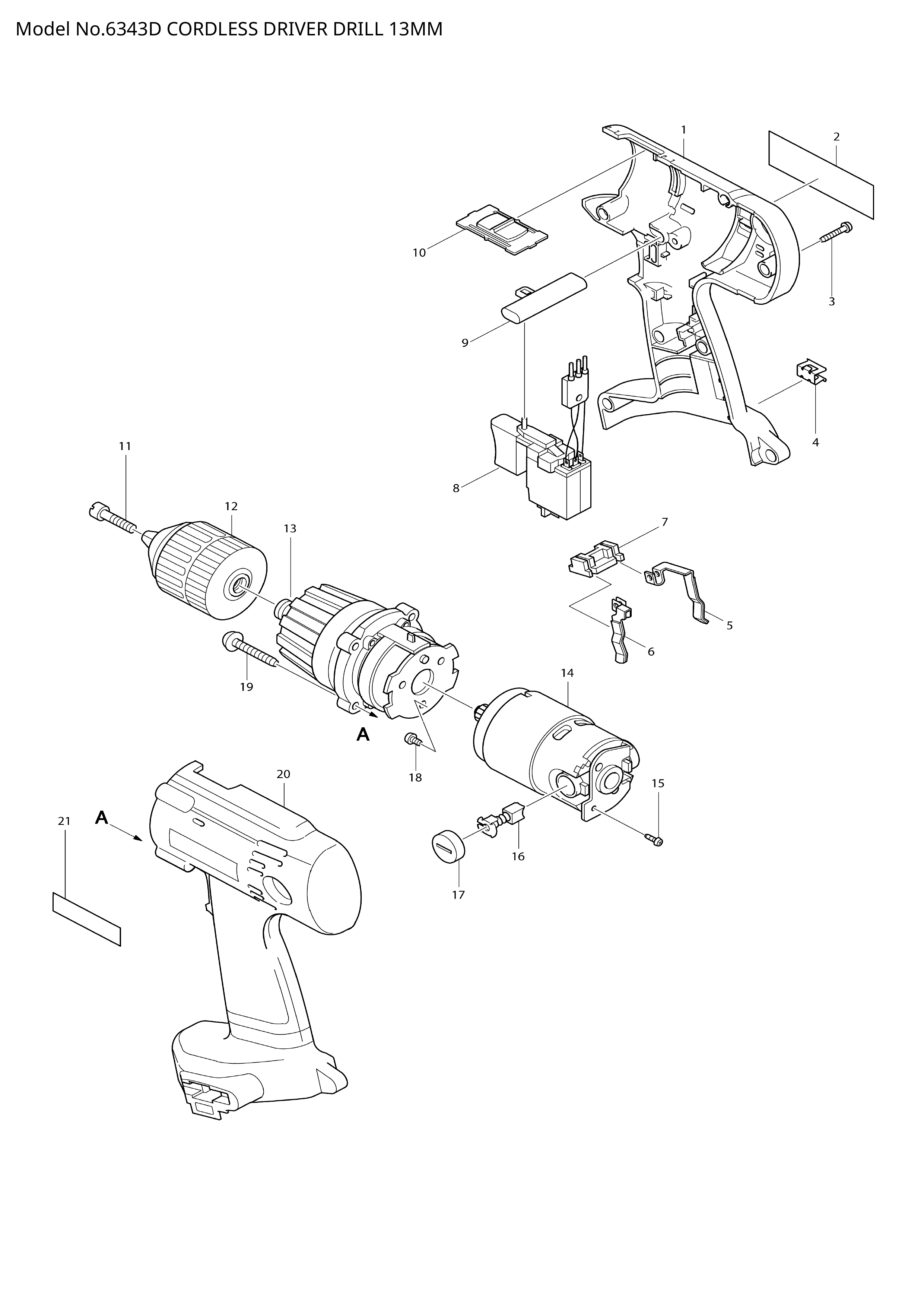 Makita 6343D — сборочный чертёж, лист 1, деталь 651968-9 поз. 008