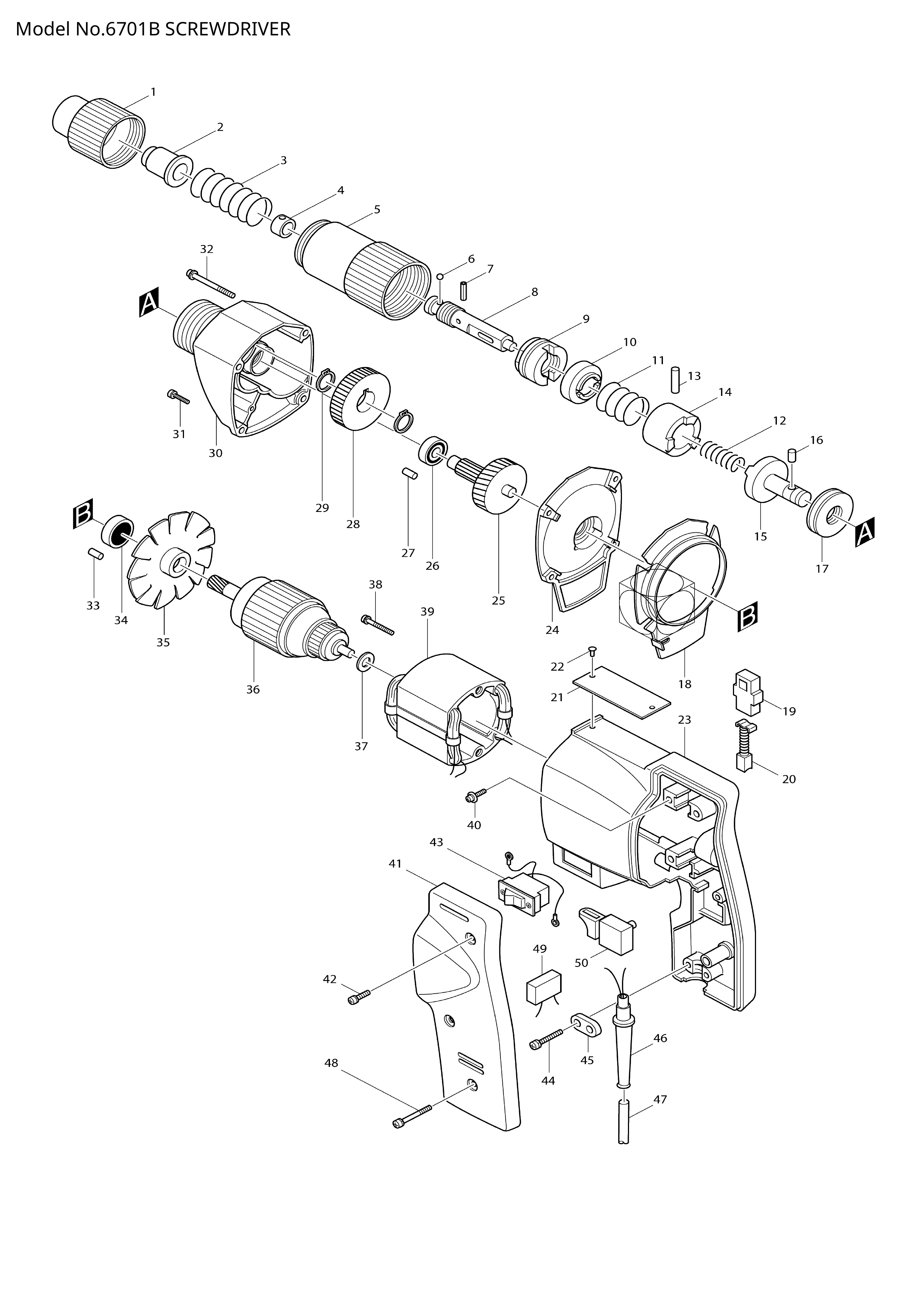 Makita 6701B — сборочный чертёж, лист 1, деталь 651561-9 поз. 043-1
