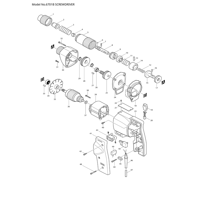 Makita 6701B — сборочный чертёж, лист 1, деталь 651561-9 поз. 043-1