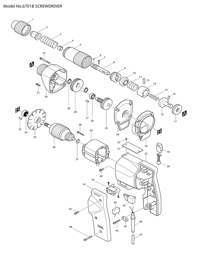 Makita 6701B — сборочный чертёж, лист 1, деталь 651561-9 поз. 043-1