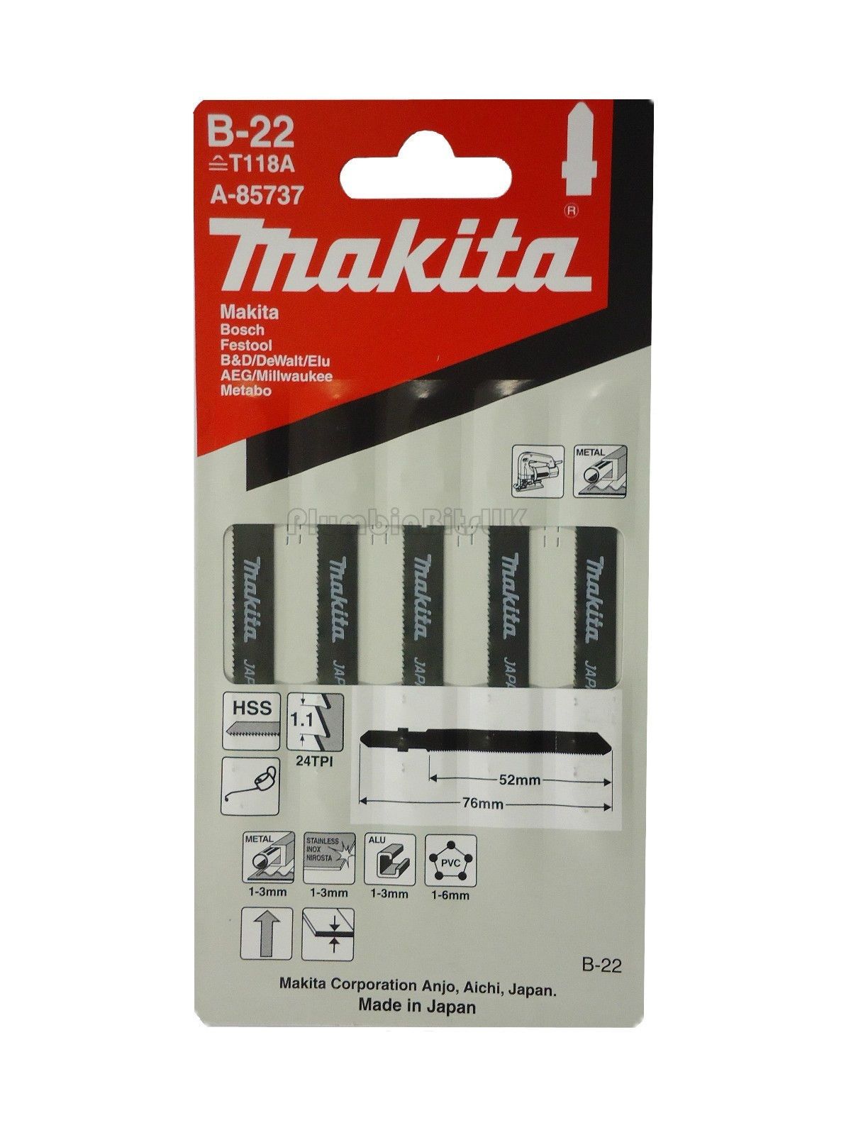 Новое оригинальное полотно для лобзика Makita A-85737 50 мм B-22, 5 шт. T118A