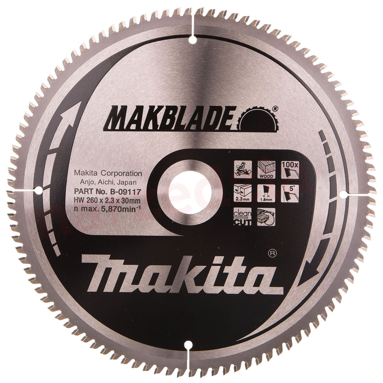 Nieuwe echte Makita B-09117 Cirkelzaagmes Hm 260 mm x 30 mm x 2,3 mm 5 ° T100