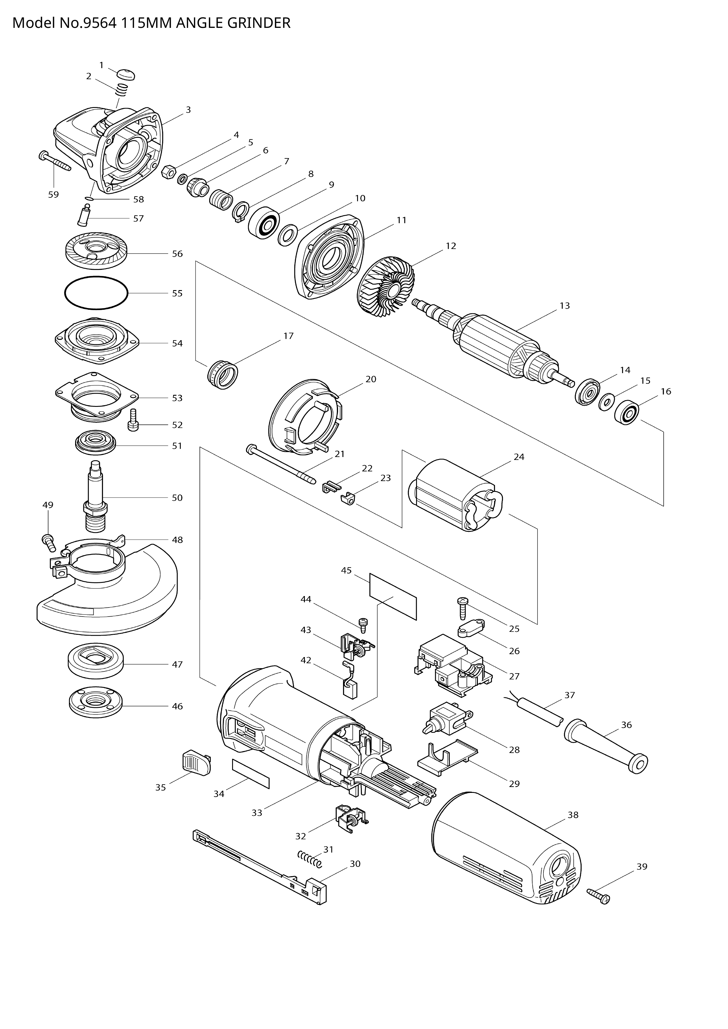 Makita 9564 — сборочный чертёж, лист 1, деталь 515179-9 поз. 013