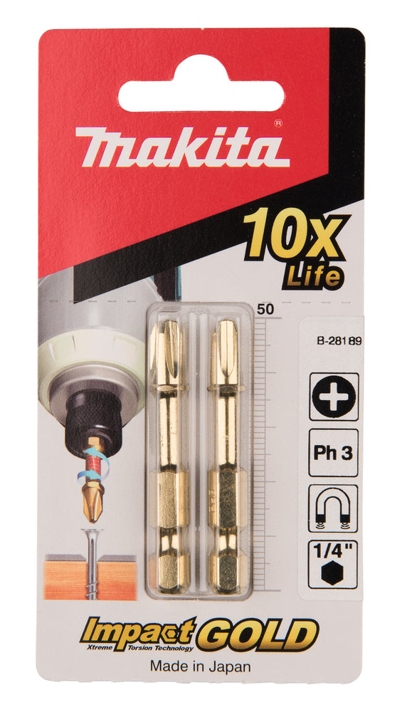 Nouveau Makita B-28189 2 packs (4pcs) Impact Bit de vis de torsion en or ph3 50 mm