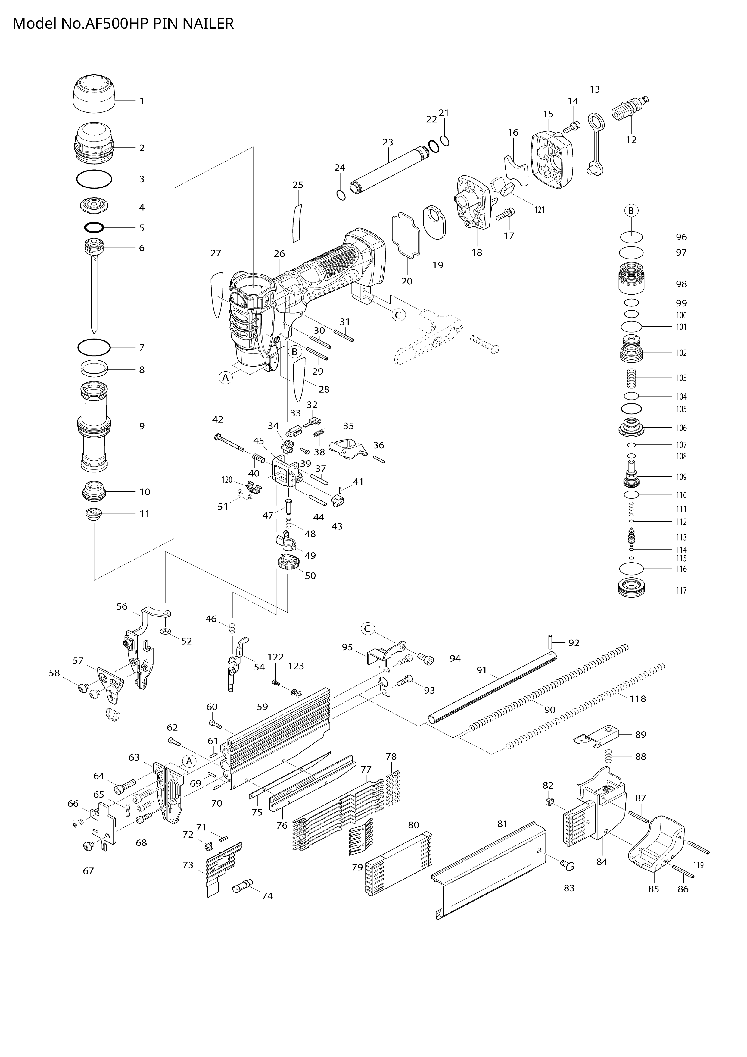 Makita AF500HP — сборочный чертёж, лист 1, деталь 413125-5 поз. 121