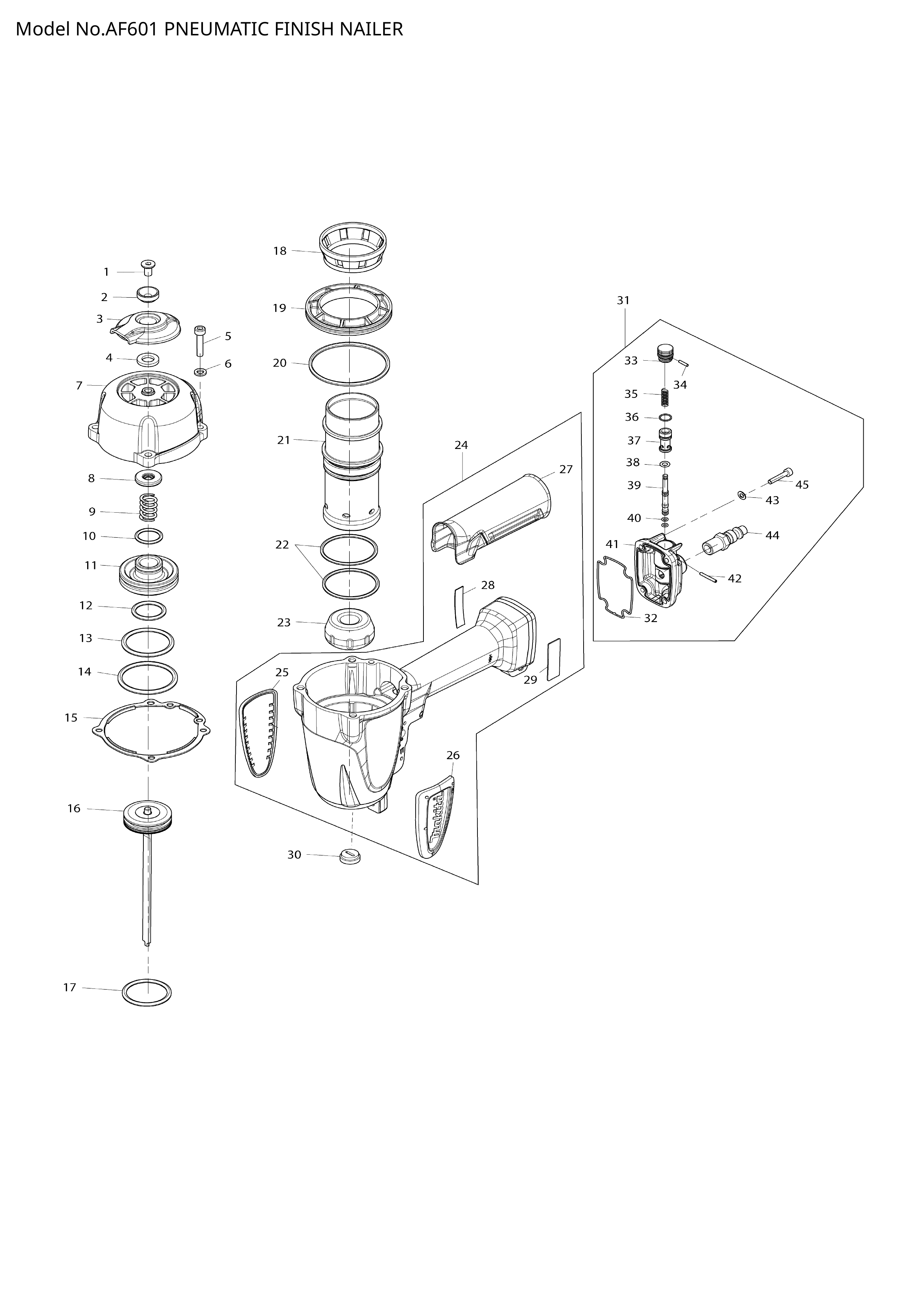 Makita AF601 — сборочный чертёж, лист 1, деталь HY00000632 поз. 002