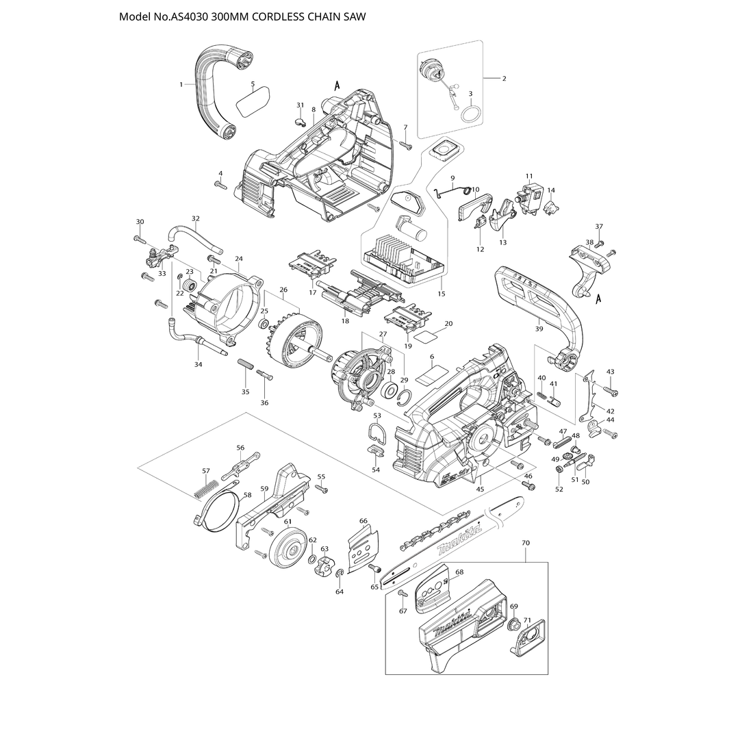 Makita AS4030 — сборочный чертёж, лист 1, деталь 632L48-2 поз. 014