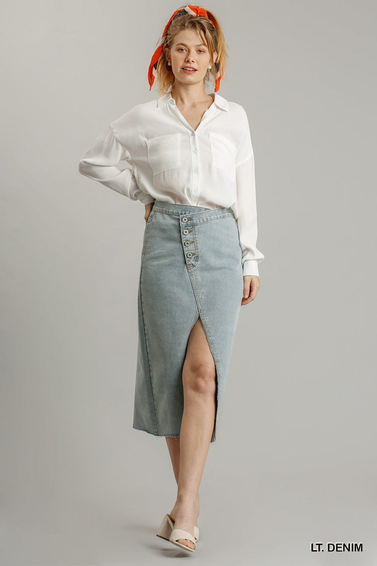 Asymmetrical Waist And Button Up Front Split Denim Skirt With Back Pockets And Unfinished Hem