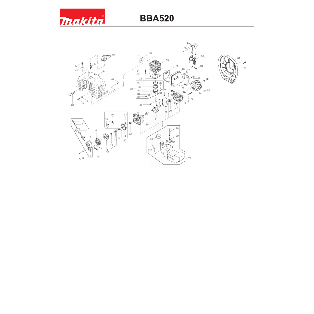 Makita BBA520 — сборочный чертёж, лист 1, деталь BB331480 поз. 45