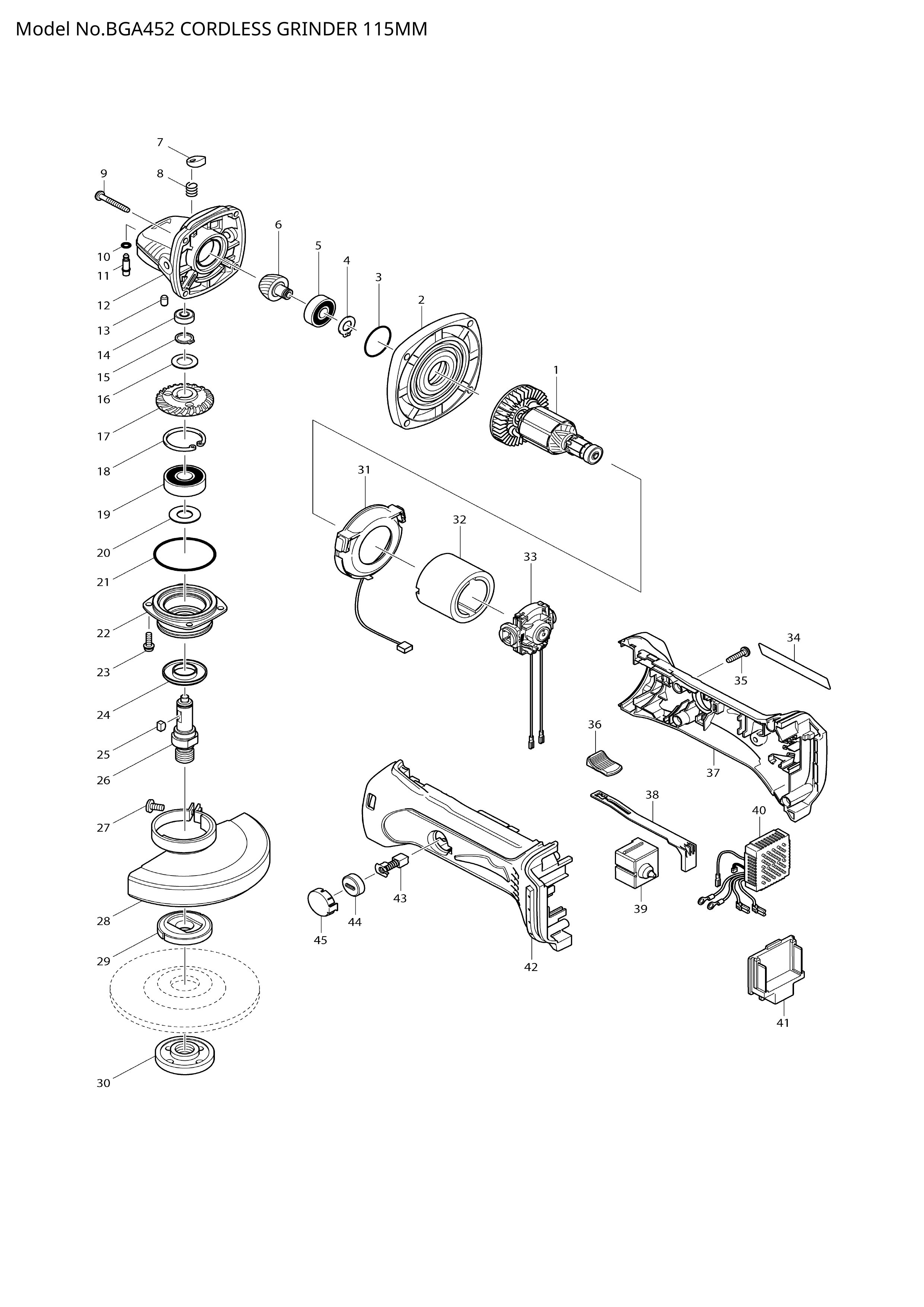 Makita BGA452 — сборочный чертёж, лист 1, деталь 519184-8 поз. 001