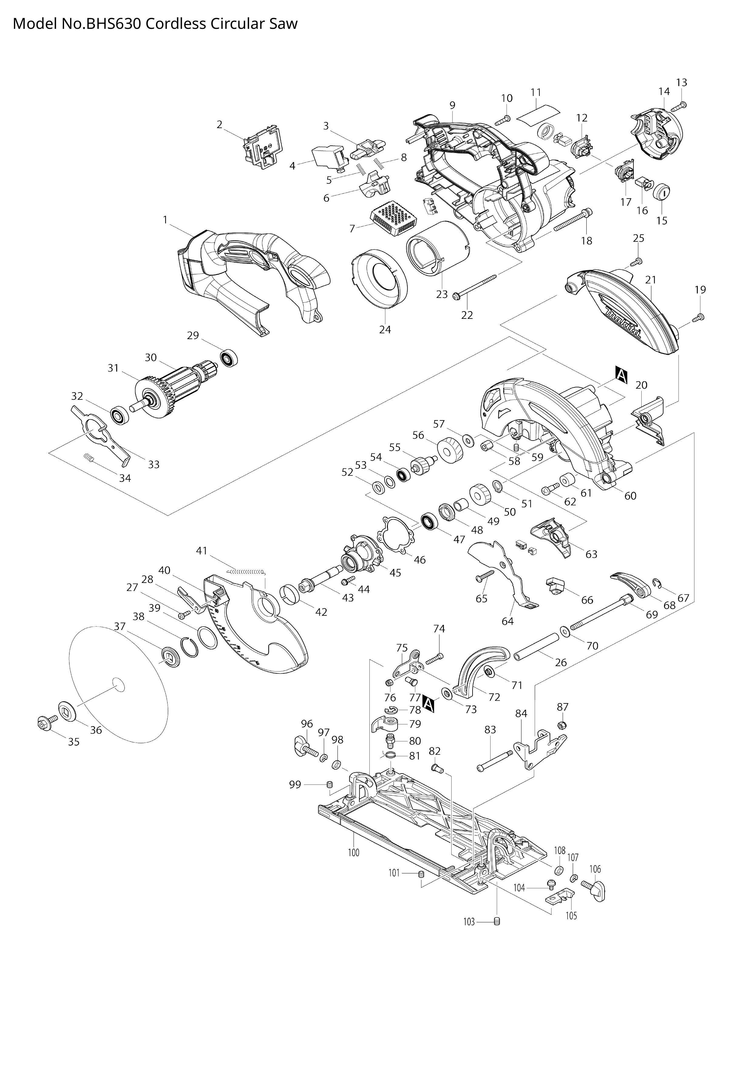 Makita BHS630 — сборочный чертёж, лист 1, деталь 620054-7 поз. 007