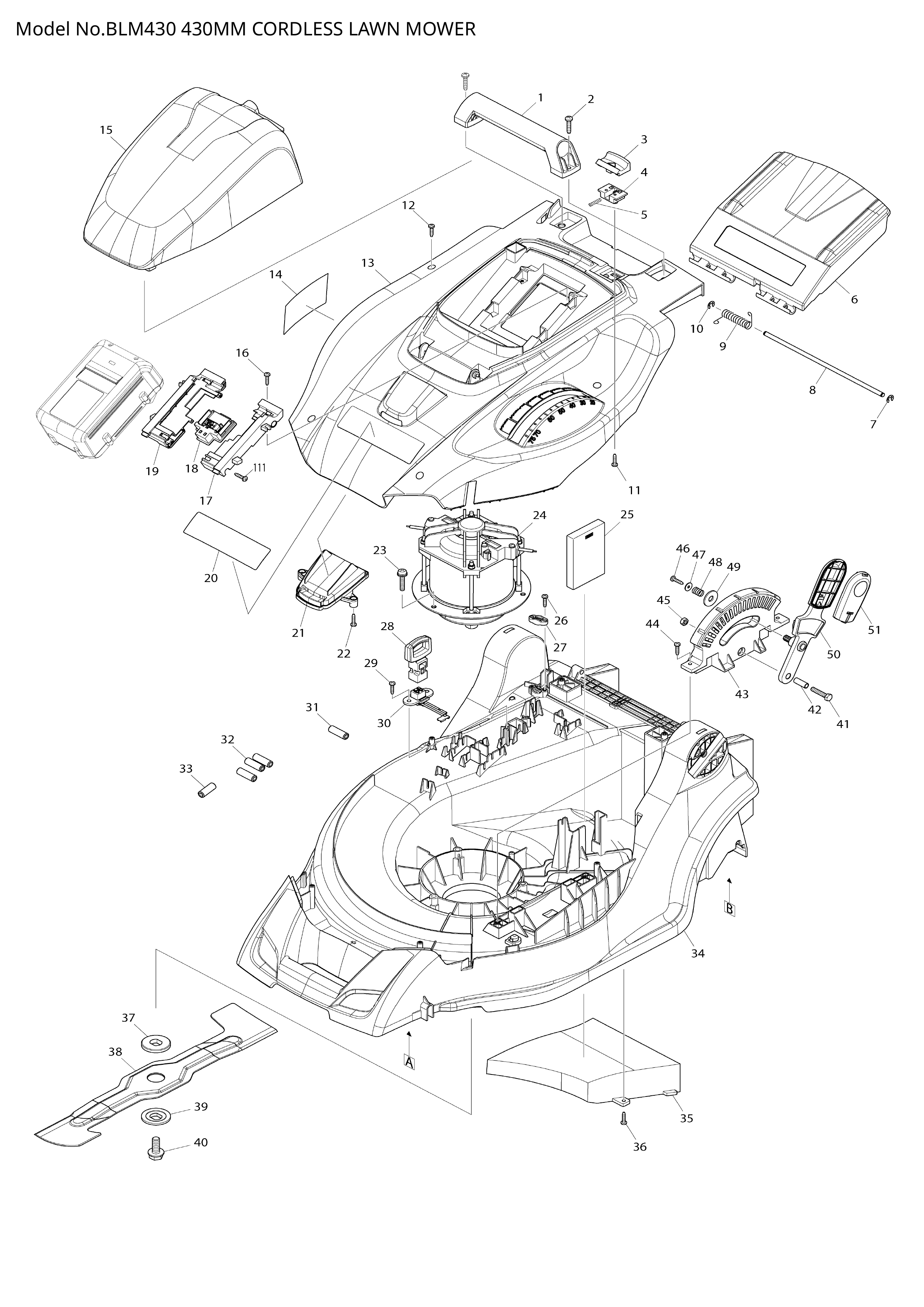 Makita BLM430 — сборочный чертёж, лист 1, деталь 459100-7 поз. 074-1