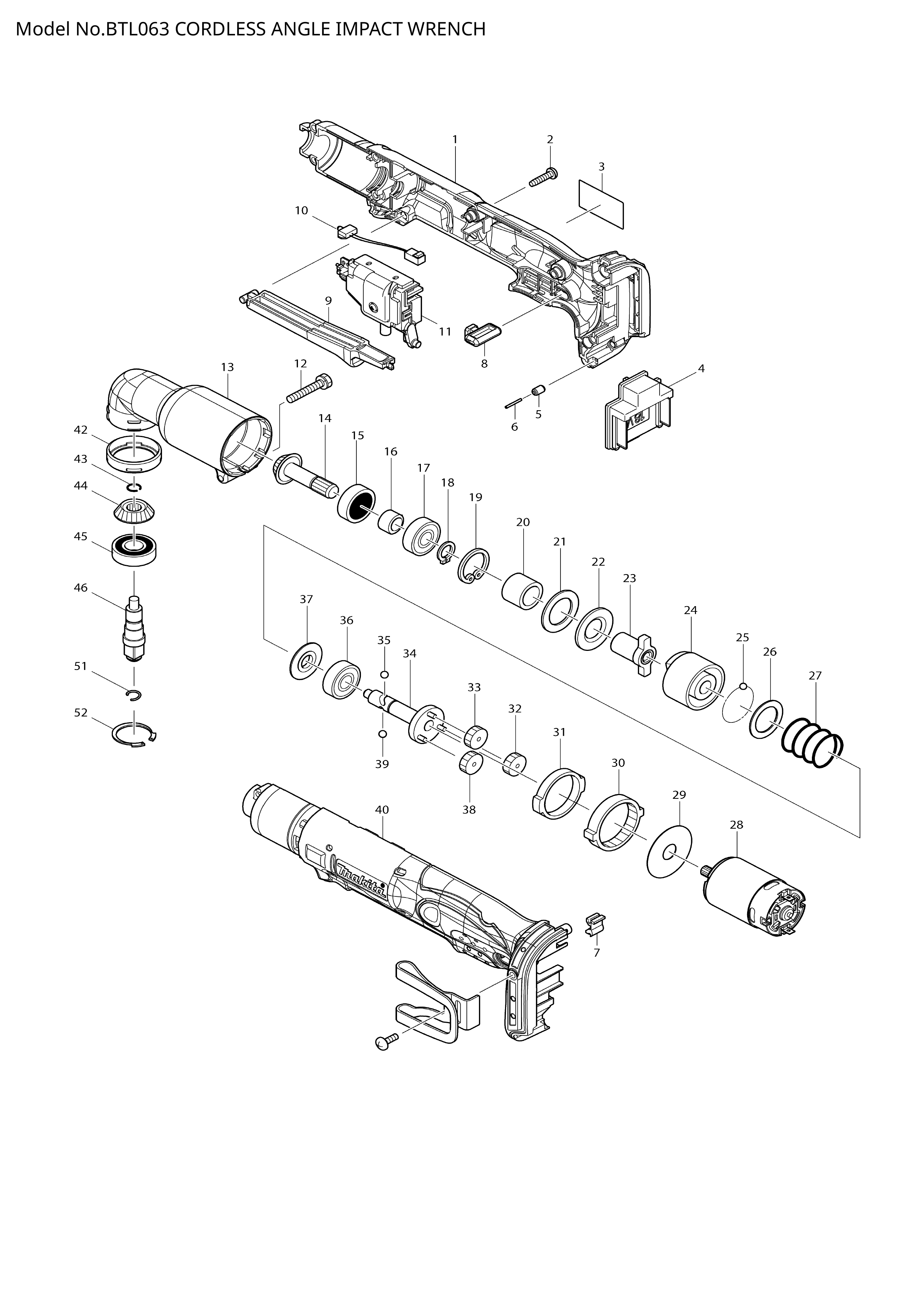 Makita BTL063 — сборочный чертёж, лист 1, деталь 629846-1 поз. 028