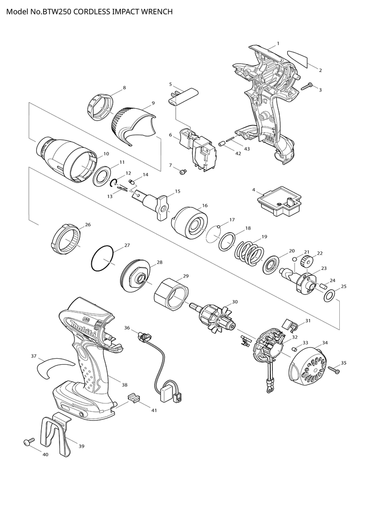 Makita BTW250 — сборочный чертёж, лист 1, деталь 619192-0 поз. 030
