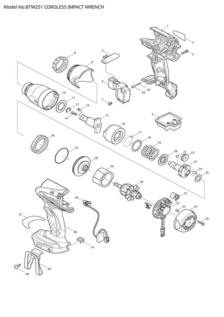Makita BTW251 — сборочный чертёж, лист 1, деталь 619194-6 поз. 030