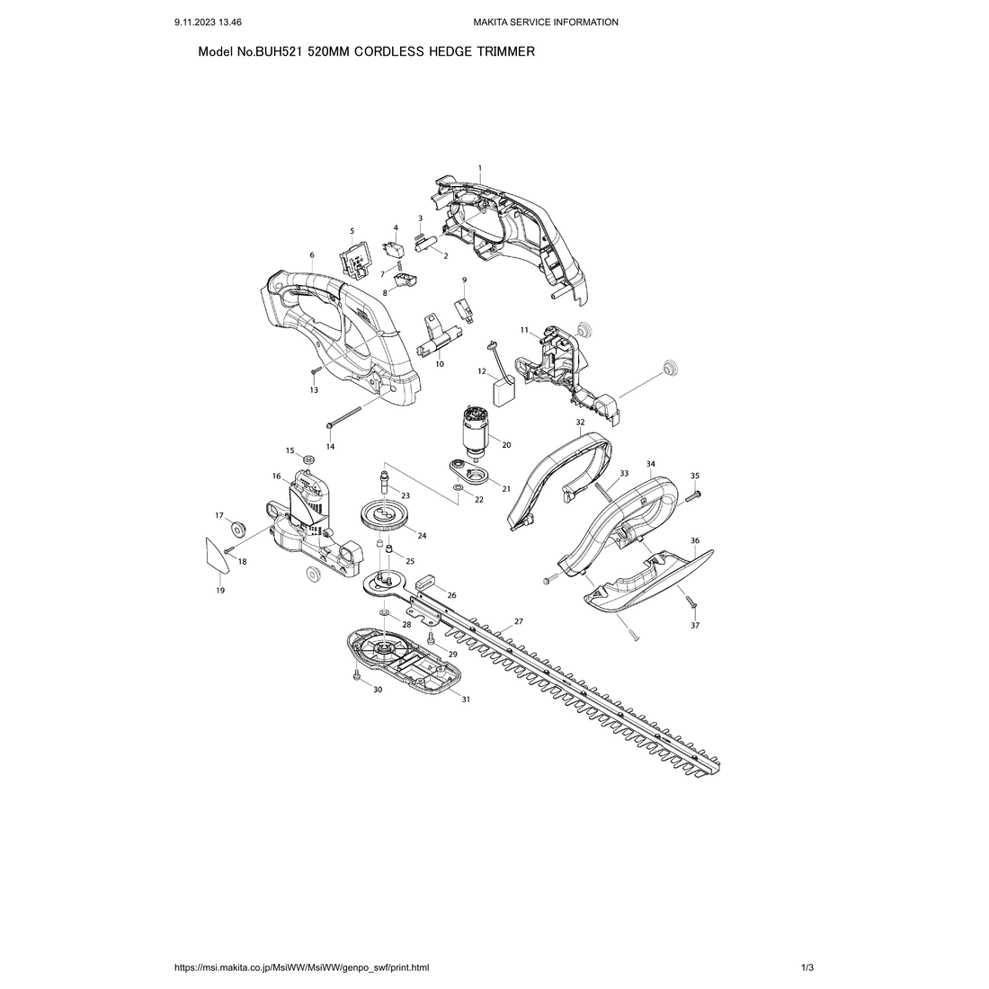 Makita BUH521 — сборочный чертёж, лист 1, деталь 638970-9 поз. 012