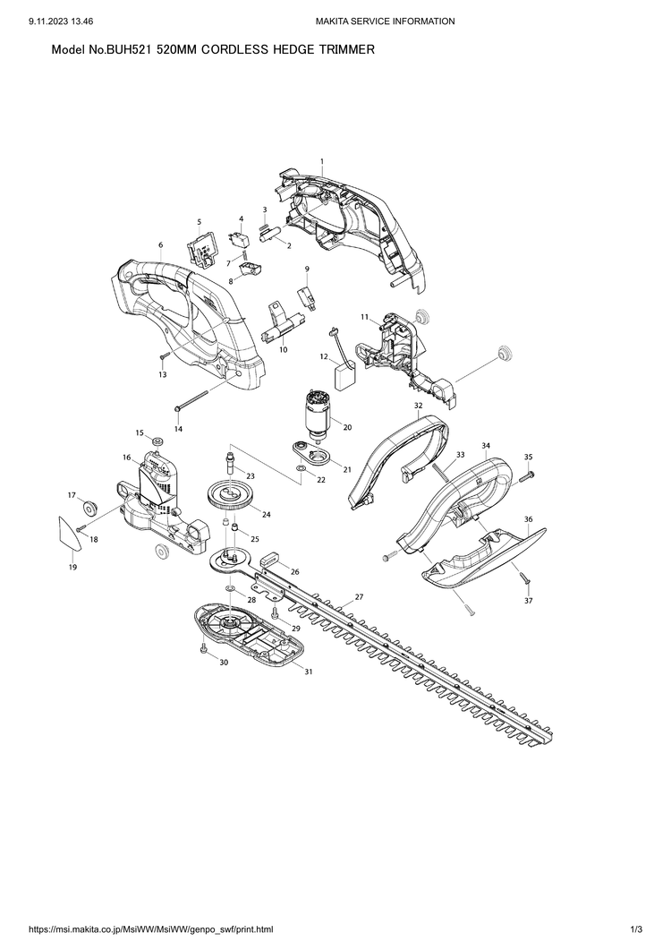 Makita BUH521 — сборочный чертёж, лист 1, деталь 638970-9 поз. 012