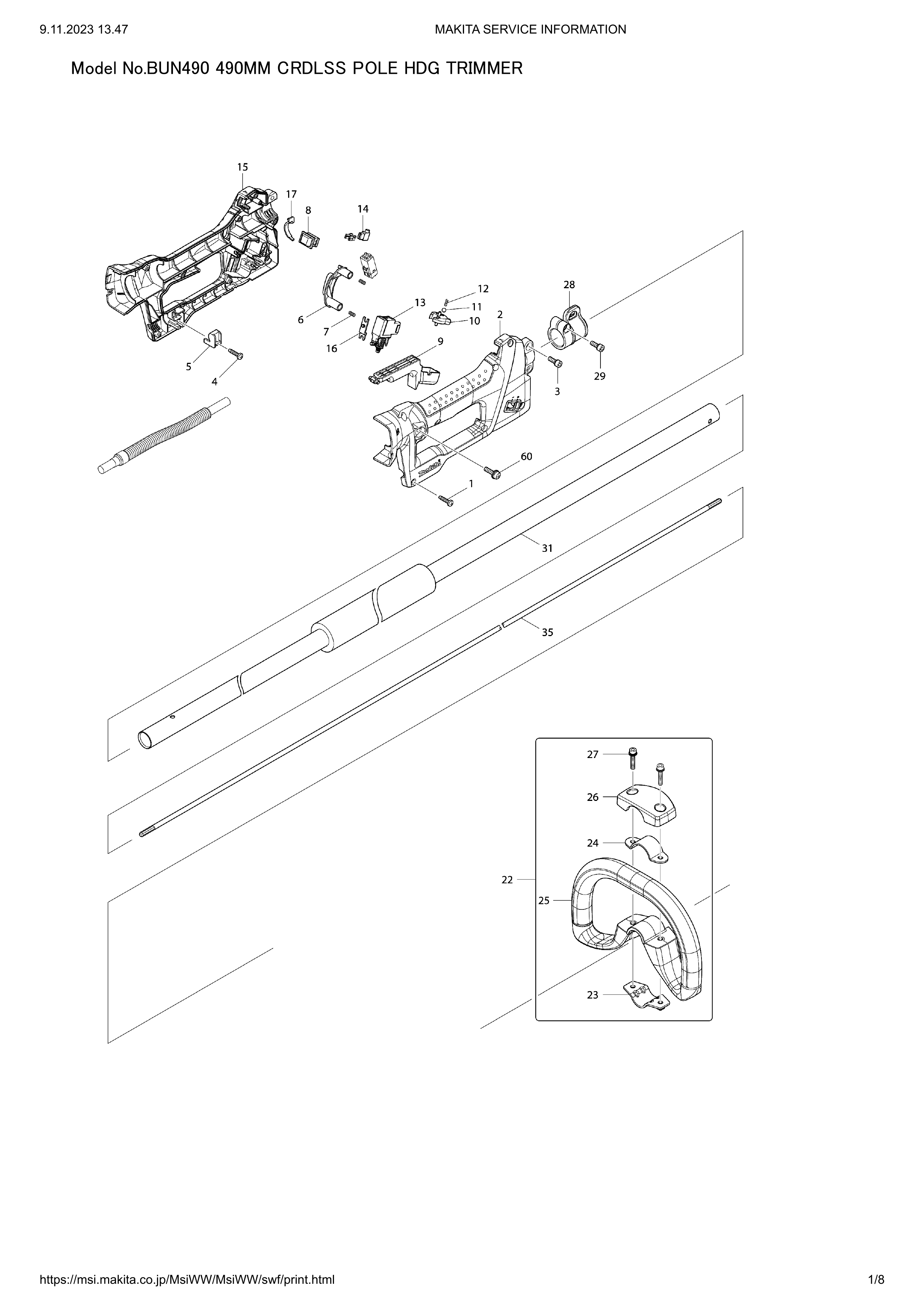 Makita BUN490 — сборочный чертёж, лист 1, деталь 126293-2 поз. 154-1