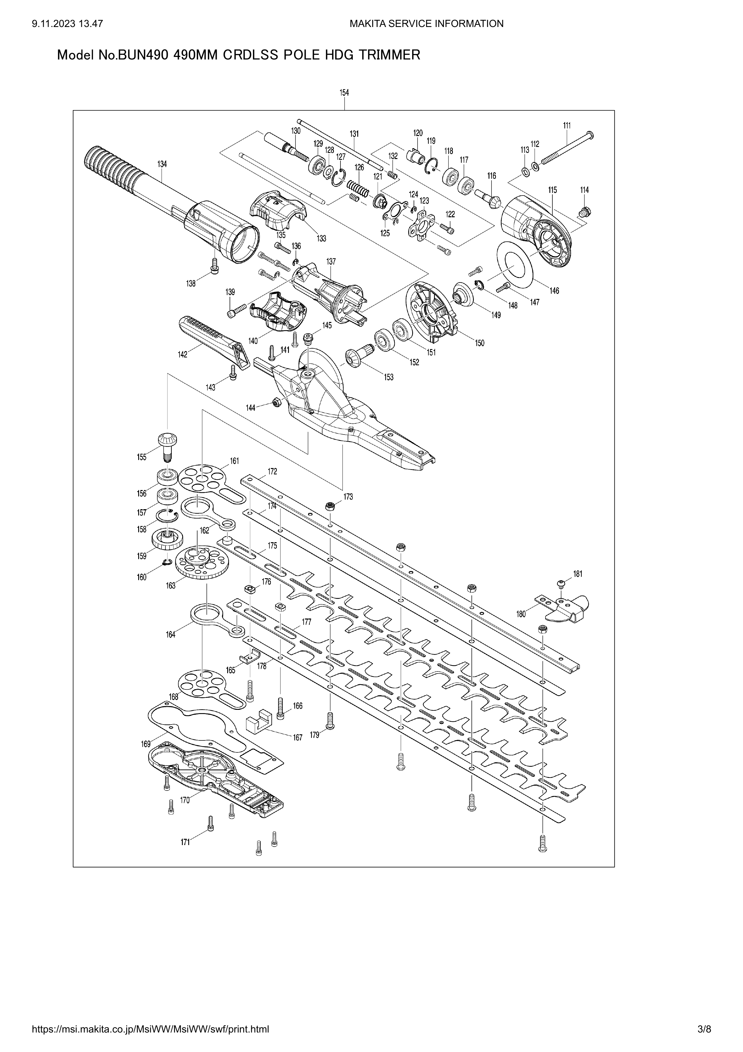 Makita BUN490 — сборочный чертёж, лист 3, деталь 126293-2 поз. 154-1